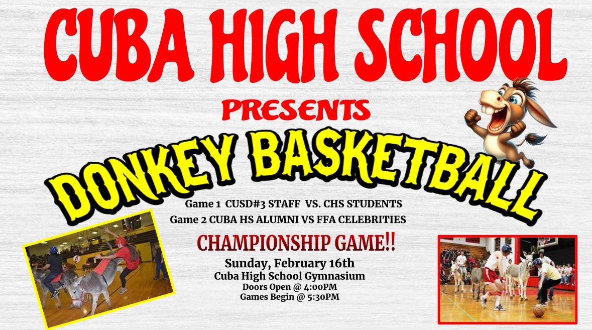 No clue what to expect tonight (I’m riding a donkey in the event), but seems like things could get interesting… come to CHS and watch some Donkey Basketball this evening!