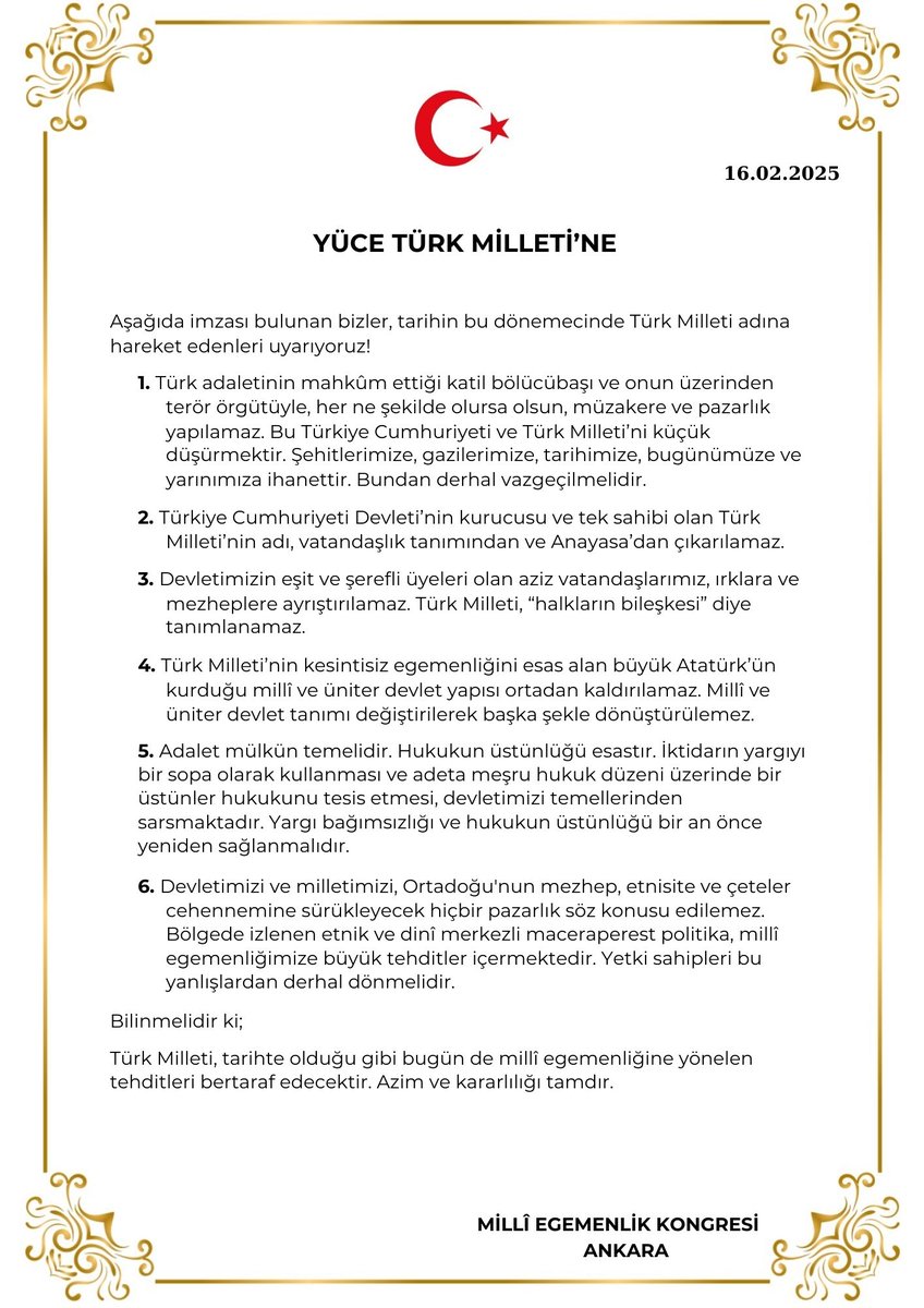 Bugün, Ankara'da gerçekleşen Millî Egemenlik Kongresi'nde (<a href="/MEplatformu/">Millî Egemenlik Platformu</a>)
Millî Düşünce Merkezi'nin de imza sahibi olduğu sonuç bildirgesi.

Yüce Türk Milleti'ne: