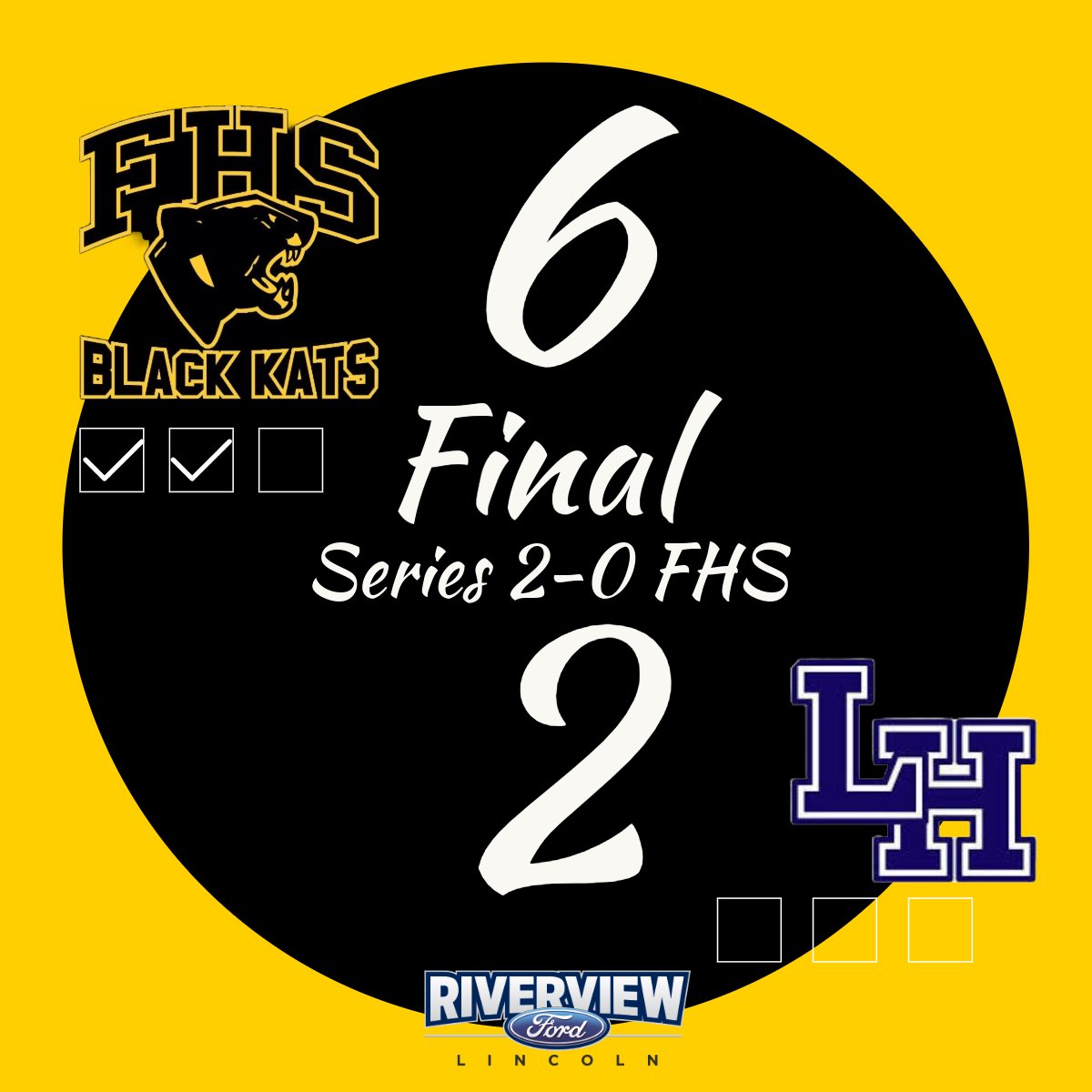 🚨 Black Kats Win 🚨 

The Riverview Ford Black Kats take a 2-0 series lead after a strong win. The Black Kats are 1 win away from advancing to the western conference final. Next game is Wednesday, Feb 19th at 7:45pm @ the LBR. 

#gokatsgo