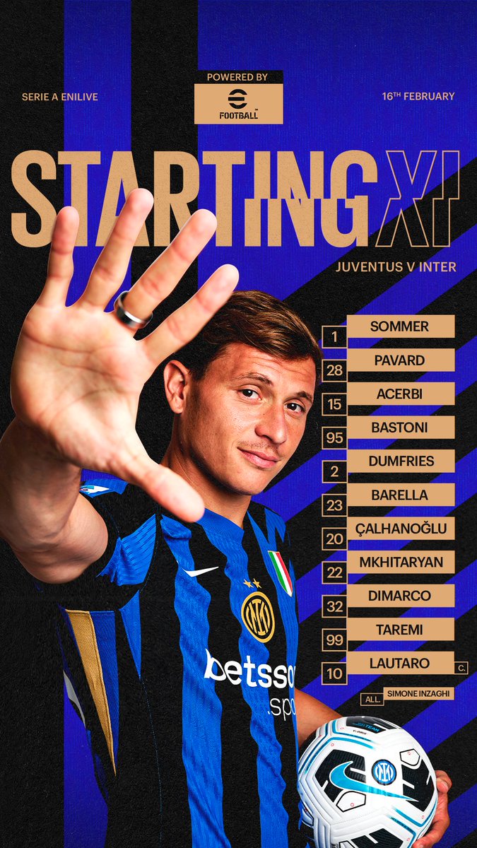 InterClub1908's tweet image. #INTER (3-5-2): 1 Sommer; 28 Pavard, 15 Acerbi, 95 Bastoni; 2  Dumfries, 23 Barella, 20 Calhanoglu, 22 Mkhitaryan, 32 Dimarco; 99  Taremi, 10 Lautaro.
All.:Inzaghi
Formazione ufficiale @Inter di #JuventusInter @SerieA
#SerieAEnilive
SEMPRE #FORZAINTER #AMALA !!!
💪🏻⚫🔵🖤💙🐍