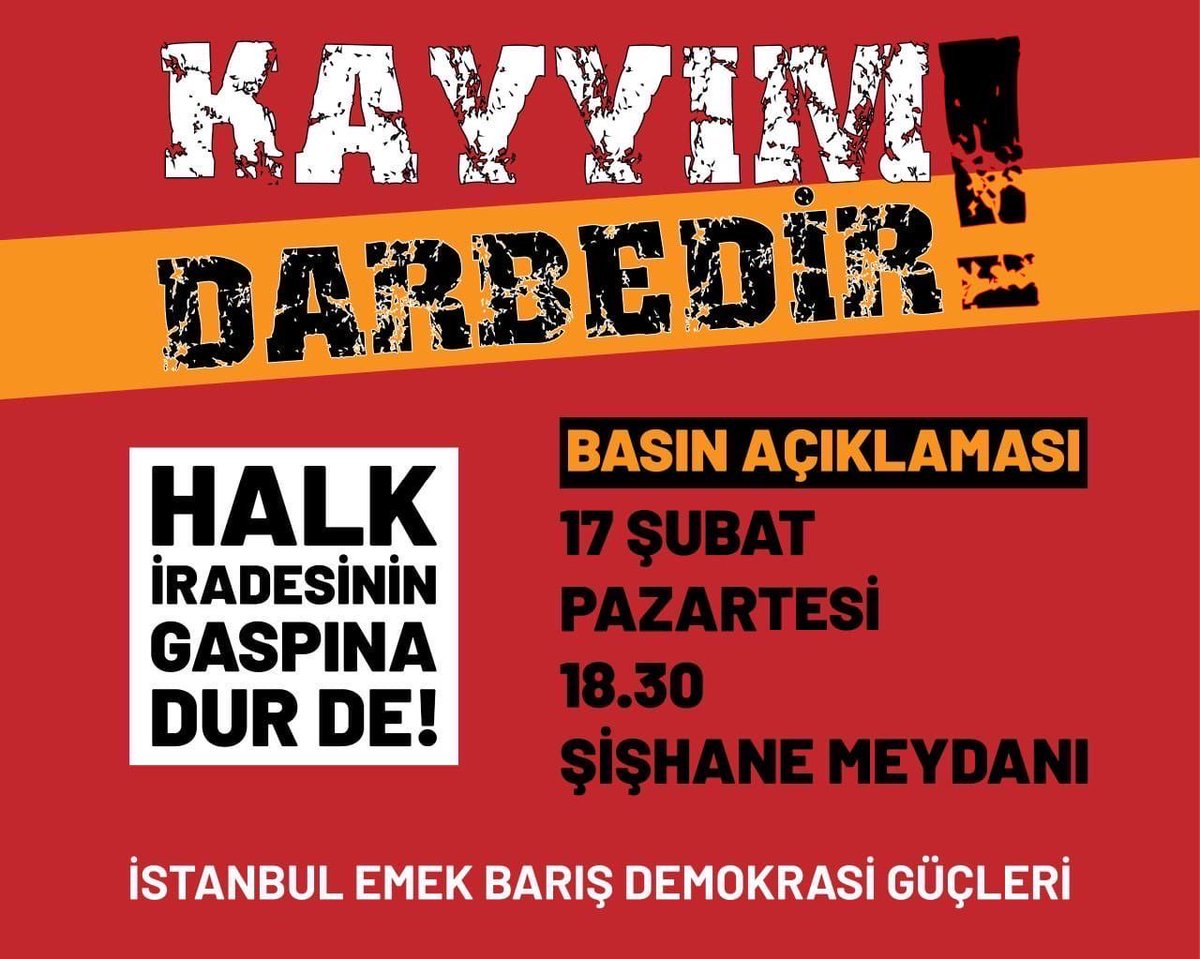 Kürdistan’da sömürgeciliğin yeni adı olan kayyım rejimini kalıcı kılma çabalarına karşı kendimizi ve kentimizi savunarak alanlarda buluşuyoruz! 

📍Şişhane Meydanı 
🗓️ 17 Şubat Pazartesi - 18.30
