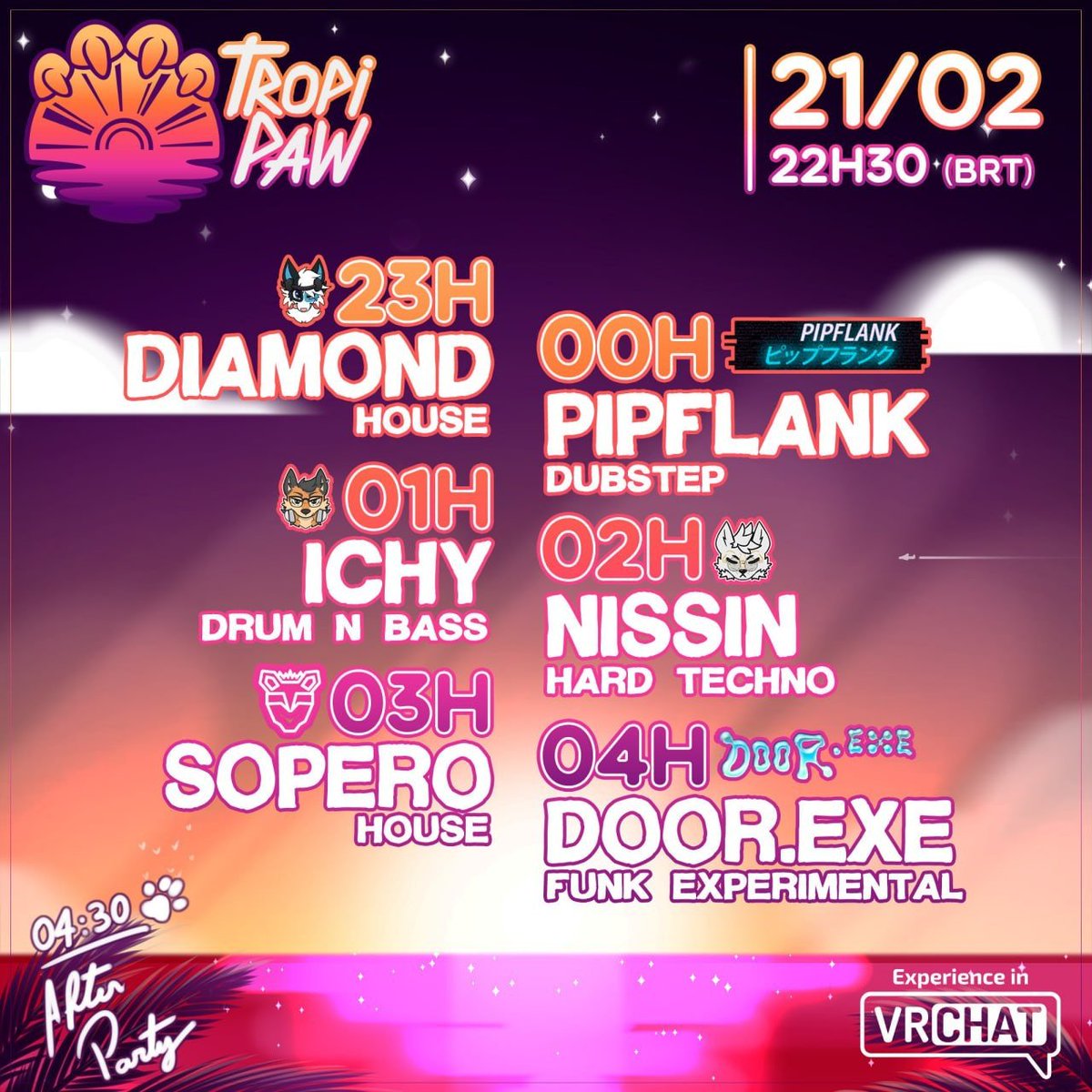 Only 5 DAYS left until the first TropiPaw!

Join us on Friday, Feb 21st at 10:30 PM (GMT-3)!

Follow the links to our Discord and VRChat group to participate:

Discord: discord.gg/3TVJZKuc5E
VRChat: vrc.group/TROPAW.3484

More info: tropipaw.carrd.co

See you all there!