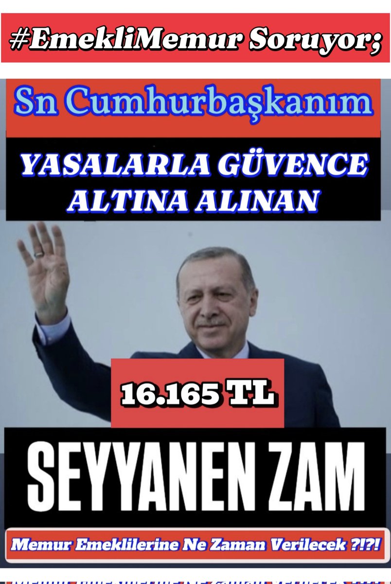 Sözünüz olduğu halde 75 yıllık kaideyi anayasaya aykırı bir 
Ek Maddeyle bozdular.
21  aydır 16.165 TL eksik maaş alıyoruz.
Mahkeme oyalanıyor.
Memurlar emekli olamıyor. Kadrolar boşalmıyor.
#EmekliMemur açlık sınırı altında geçim derdinde.
#MemurEmeklisineAdalet 
<a href="/tcbestepe/">T.C. Cumhurbaşkanlığı</a>