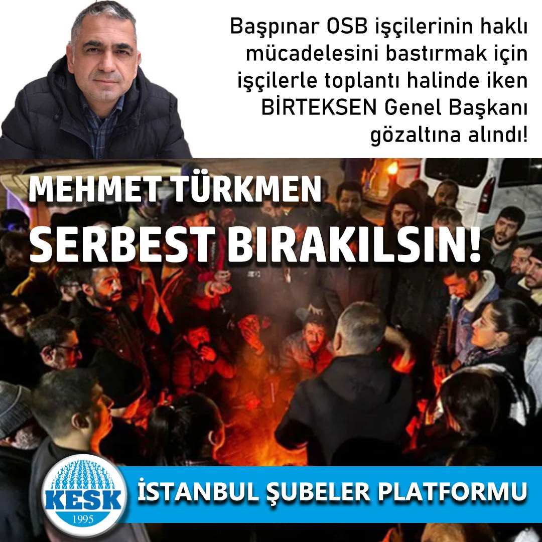 egitim_9's tweet photo. 14 Şubat’ta  BİRTEK-SEN başkanı Mehmet Türkmen  gözaltına alınıp, aynı gün serbest bırakılmıştı.Bu akşam saatlerinde Mehmet Türkmen sendika binasında işçilerle toplantı halindeyken tekrar gözaltına alındı.

Antep Başpınar’da binlerce işçi günlerdir düşük ücret dayatmasına karşı insanca yaşayacak ücret için BİRTEK SEN ile birlikte mücadele ediyor. İşçilerin anayasal haklarını kullanarak taleplerini basına ve kamuoyuna duyurmalarını valilik  adeta OHAL ilan ederek 15 gün yasakladı yetmedi 14 Şubat’ta  BİRTEK SEN başkanı Mehmet Türkmen  gözaltına alınmış aynı gün serbest bırakılmıştı. Ne var ki valilik yasağı ve Türkmen’in gözaltına alınması işçilerin taleplerinden vazgeçirmeye yetmeyince bu akşam saatlerinde Mehmet Türkmen sendika binasında işçilerle toplantı halindeyken tekrar gözaltına alındı. Bir sendika genel başkanının, patronların işaretiyle bu kadar keyfi nedenlerle gözaltına alınması özünde ülkedeki sendikal hak ve özgürlüklerin kolayca ayaklar altına alınması demektir. Başta Antep valisi ve çalışma bakanı olmak üzere bütün yetkilileri sendikal haklarımıza saygı duymaya davet ediyoruz. BİRTEK-SEN başkanı Mehmet Türkmen’nin gözaltına alınmasın, bütün sendika yöneticilerine dönük bir gözdağıdır. Mehmet Türkmen derhal serbest bırakılmalıdır.

Anayasa, yasalar ve uluslararası sözleşmelerle güvence altına alınmış sendikal hak ve özgülüklere yönelik bu baskıları kınıyor, asla kabul etmediğimizi ilan ediyoruz. 
@birlesiktekstil @antep_isci @csgbakanligi @gantepvaliligi
