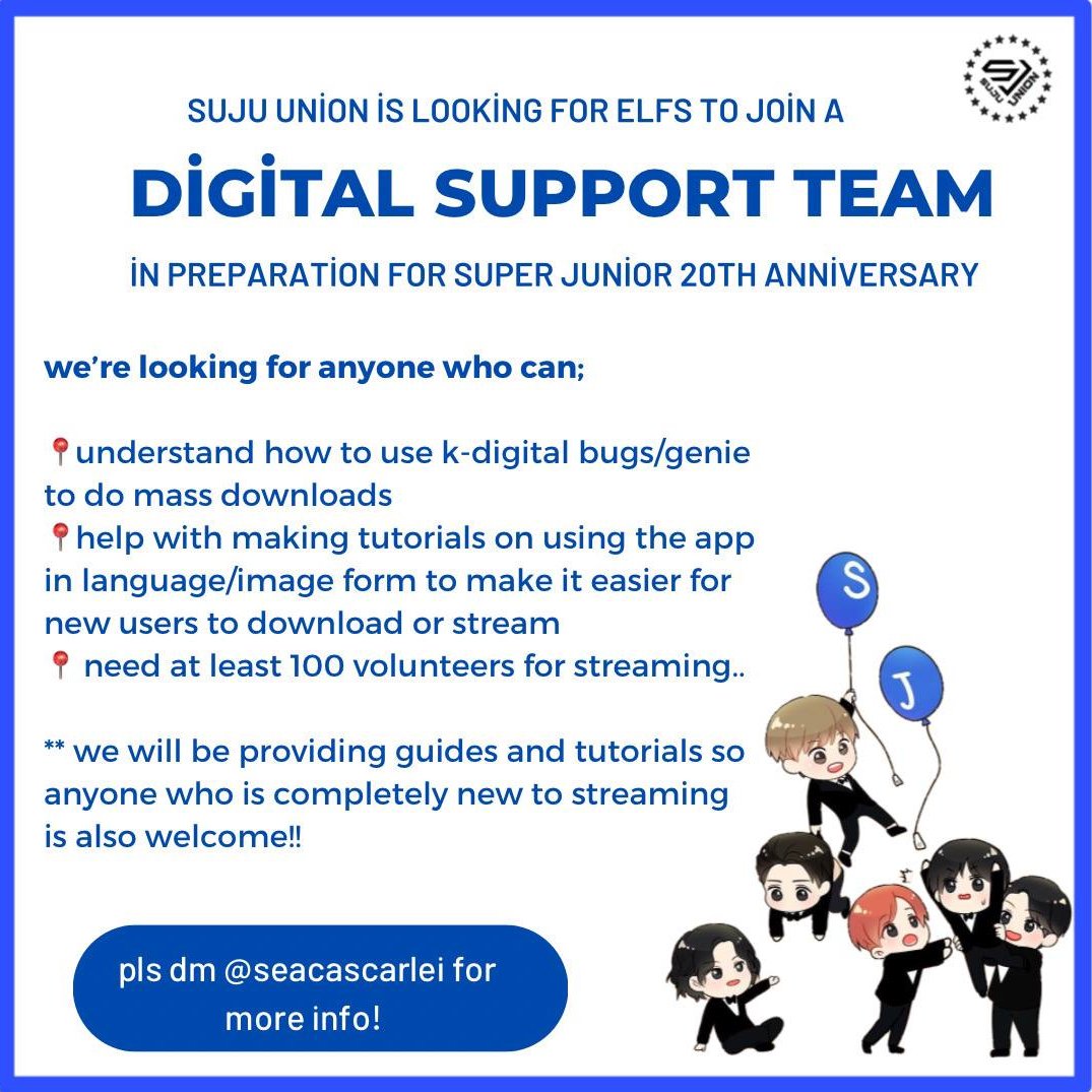 seacascarlei's tweet photo. ‼️WANTED: VOLUNTEERS‼️

Suju Union needs your support 🫵
You're willing to get to know Genie and Bugs? We can help you!
Or maybe those platforms aren't new to you?
Join us, we need every helping hand we can get! 

‼️REPOST APPRECIATED‼️

#SUPERJUNIOR https://t.co/NbnhDOrunl