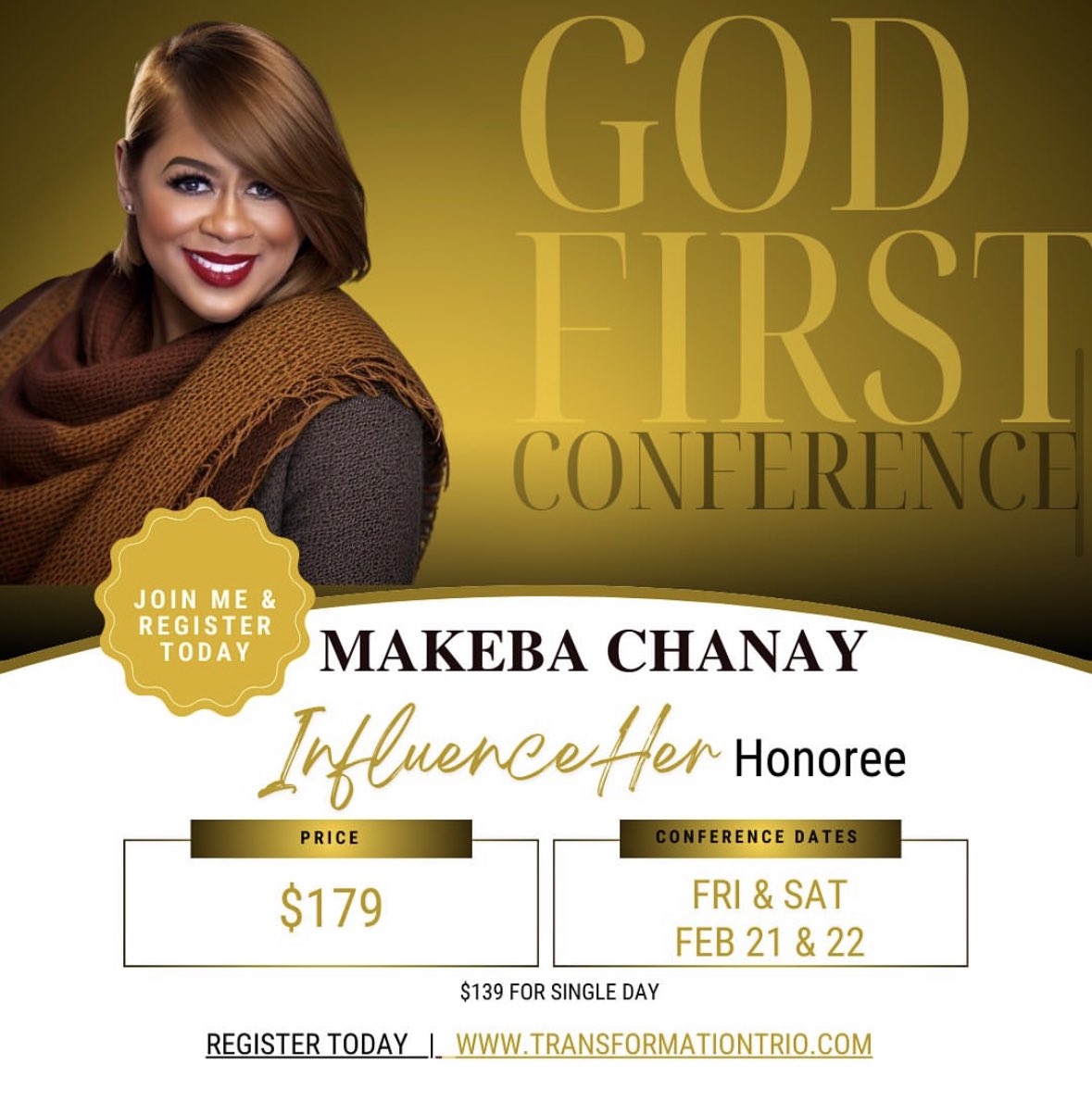 MakebaWhite's tweet photo. Next weekend we’re rising above challenges &amp; breaking barriers at the #GodFirstConference in #HoustonTX! 

I’m so humbled to be named an InfluenceHER honoree! Thank you to God First Conference for this special recognition. 

Register now at https://t.co/q1K0jhoaqd! See you there! https://t.co/40QShcoTpA