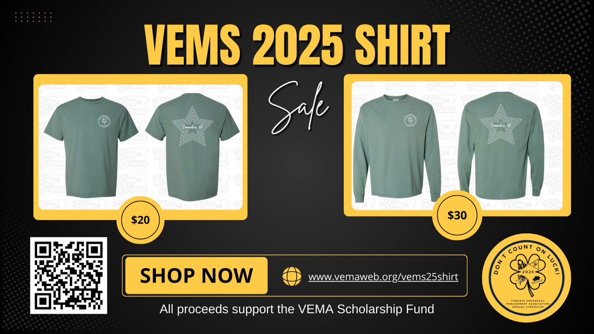 ⏳ Time is running out! Support the VEMA Scholarship Fund and grab your VEMS25 shirt!
🛒 Order by Feb 28
📍 Pickup at VEMS25 in Roanoke
Every purchase funds scholarships for future EM leaders! Order now 👉 shorturl.at/xwQmY #EMGTwitter #VEMS25