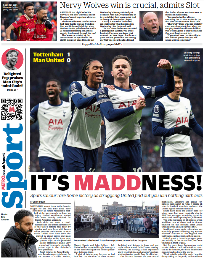 metrosportHQ's tweet photo. It's a Madd one at Spurs as the hosts win the big clash between two clubs teetering on the brink of crisis. Here's Monday's back page. https://t.co/drxEouo33r