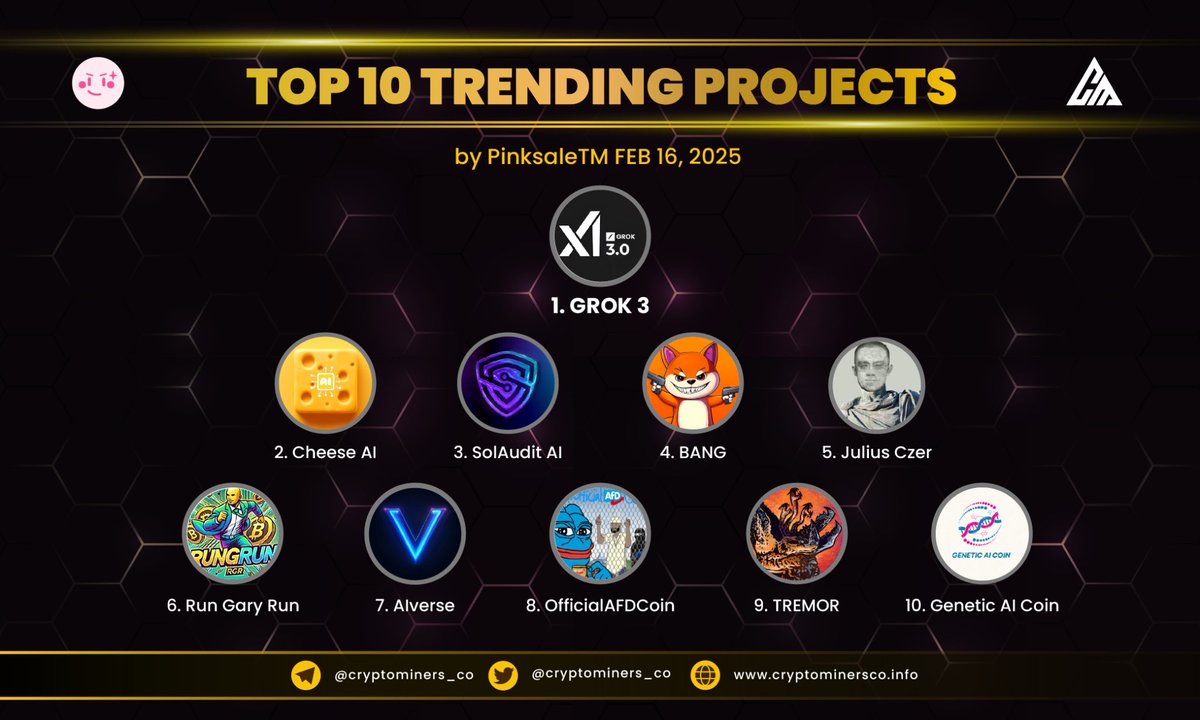 CryptoMiners_Co's tweet image. 🏆 TOP 10 TRENDING PROJECTS on #PinkSale

🥇 $GROK3 - @Grok3Xai_bnb
🥈 $CHEESE - @CheeseAI_Agent
🥉 $AUDIT - @solaudit_ai
4️⃣ $BANG - @bangcoinsol
5⃣ $CZER - @juliusczbsc
6⃣ $RGR - @rgrmeme
7️⃣ $VAI - @AIverse_sol
8️⃣ $AFD - @AFDCoinOfficial
9️⃣ $GRABOID - @tremor_coin
🔟 $GAIC

⚡…