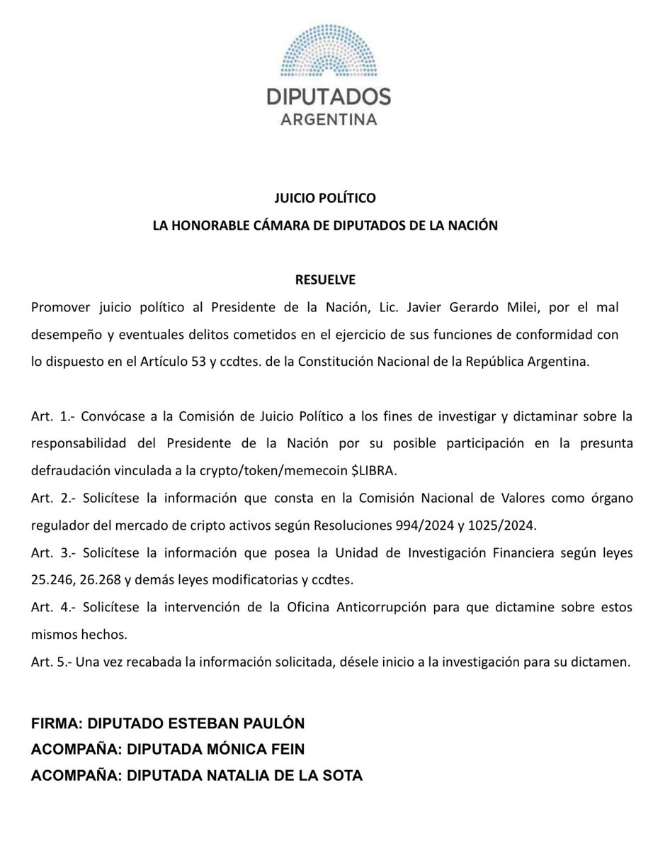 Esteban Paulón (@estebanpaulon) on Twitter photo EL PRESIDENTE DEBE VENIR AL CONGRESO. NO PUEDE AUTOINVESTIGARSE
Junto a <a href="/MonicaFein/">Mónica Fein</a> y <a href="/NataliaDLSok/">Natalia de la Sota</a> presentamos un pedido de juicio político para que <a href="/JMilei/">Javier Milei</a> concurra con urgencia a <a href="/DiputadosAR/">Diputados Argentina</a> y en el marco de la Comisión rinda cuentas y ejerza su derecho a defensa #CryptoGate EL PRESIDENTE DEBE VENIR AL CONGRESO. NO PUEDE AUTOINVESTIGARSE
Junto a <a href="/MonicaFein/">Mónica Fein</a> y <a href="/NataliaDLSok/">Natalia de la Sota</a> presentamos un pedido de juicio político para que <a href="/JMilei/">Javier Milei</a> concurra con urgencia a <a href="/DiputadosAR/">Diputados Argentina</a> y en el marco de la Comisión rinda cuentas y ejerza su derecho a defensa #CryptoGate