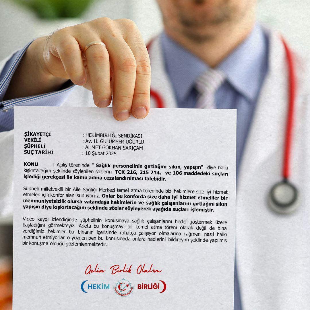 Hekimlere, sağlık çalışanlarına yönelik şiddeti teşvik eden milletvekili hakkında suç duyurusunda bulunuyoruz.

Bir milletvekilinin halkı hekimlere ve sağlık çalışanlarına yönelik şiddete açıkça teşvik eden sözler söylemesi kabul edilemez.

Kırklareli Pınarhisar 5 Hekimli Aile