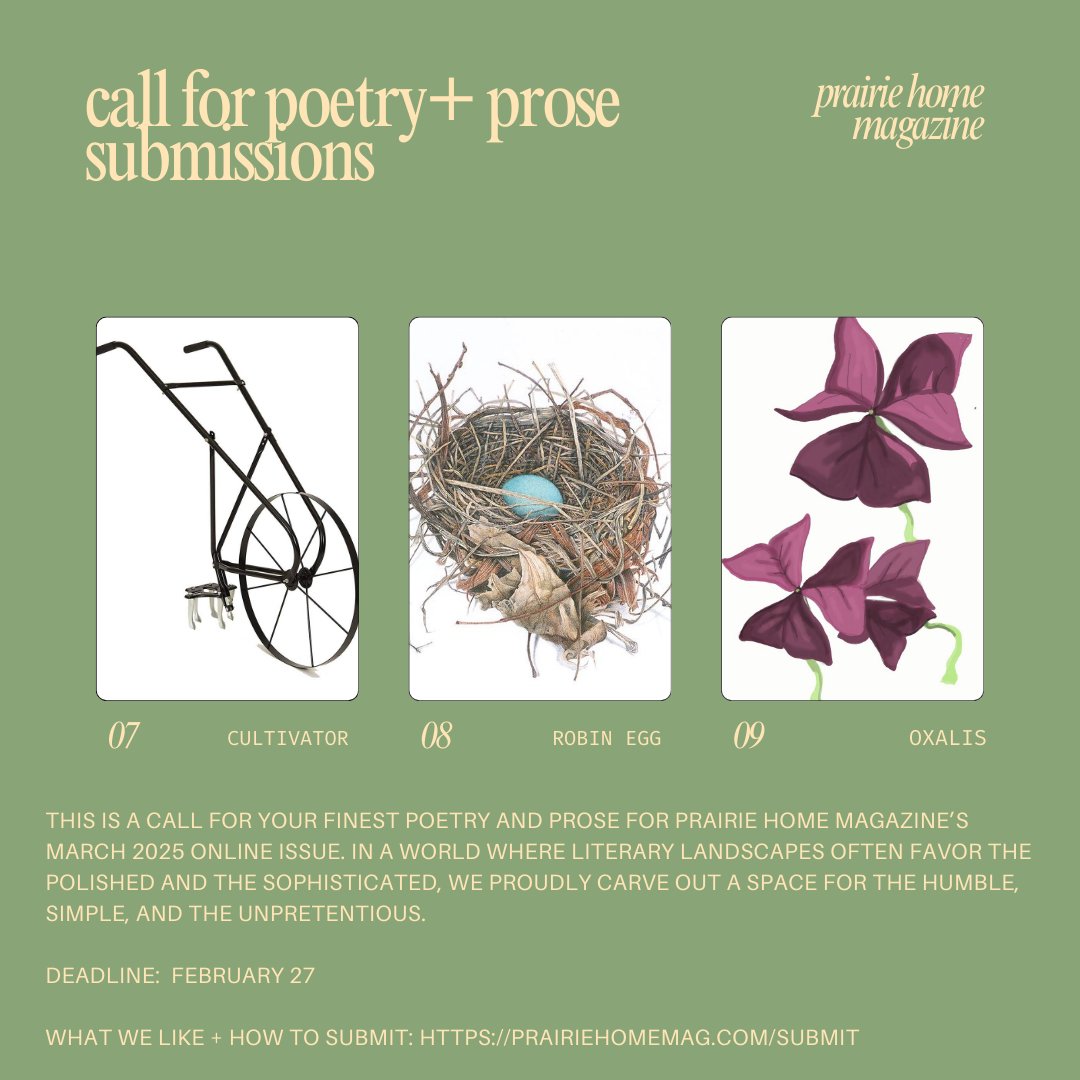 We're still accepting #prose and #poetry for our March issue! 
Please consider sending in your work to Prairie Home 🪺