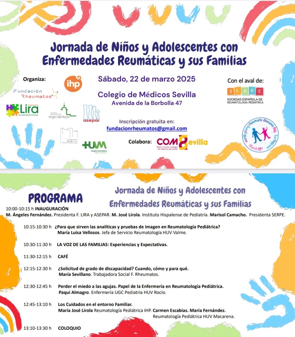 ReumaHUValme's tweet image. 📍El sábado 22 de marzo os esperamos en la "Jornada de #niños y #adolescentes con #enfermedadesReumáticas y sus familias", en la que participará la Dra Velloso de @ReumaHUValme junto con otras especialistas. Info y programa👇#reumatologíaPediátrica #multidisciplinar #SaveTheDate