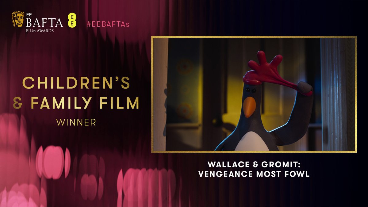 The winner of the BAFTA in our brand new Children’s &amp; Family Film category is Wallace &amp; Gromit: Vengeance Most Fowl 🐧 <a href="/aardman/">Aardman</a> #EEBAFTAs