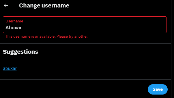abuxaryt's tweet photo. Hey @Support @engineering, I've been trying to claim the username @Abuxar for over a year. It shows as available in suggestions but gives an "The user failed validation: Username is unavailable." error when saving. I'm a music artist, and this handle is crucial for my brand. Can plz hlp https://t.co/3ayWxLHLwa