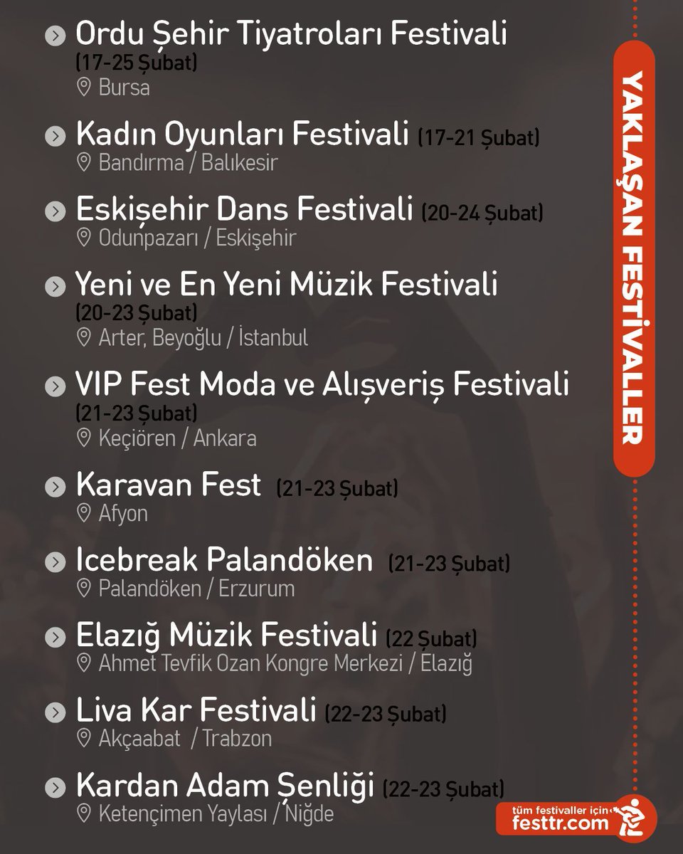 Yaklaşan festivallerin listesi 🗓️ Post'u faydalı bulduysan beğenmeyi unutma ❤️

Tüm festivaller için festtr.com
