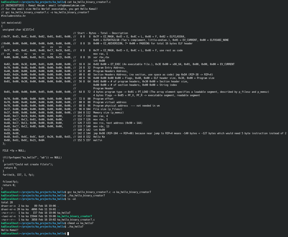 Kemal_Akcam's tweet photo. 144 bytes 'Hello World!' (Kemal) hand written x86_64 Linux executable file creation with explanation. Also 157, 167, 175 bytes examples where 175 bytes has the correct ELF64 header.
#helloworld #asm #c #linux #x86_64 #machinecode #hellokemal https://t.co/X5DuLIWiWo