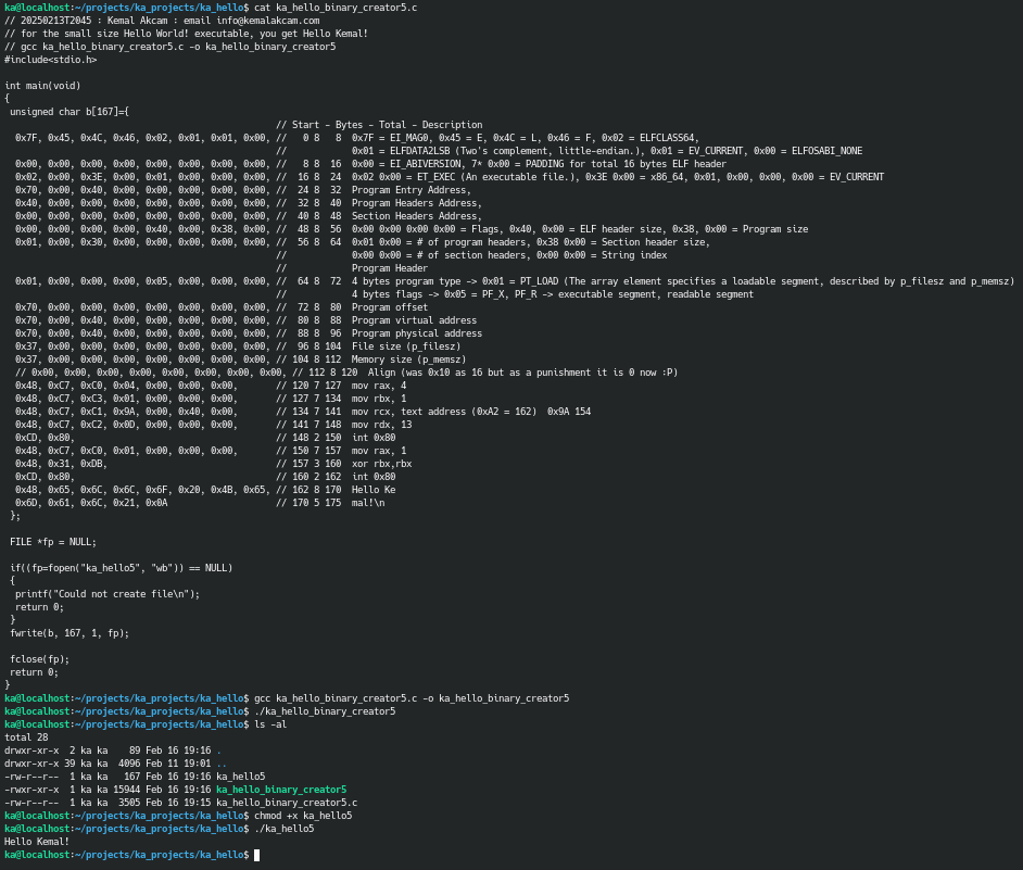 Kemal_Akcam's tweet photo. 144 bytes 'Hello World!' (Kemal) hand written x86_64 Linux executable file creation with explanation. Also 157, 167, 175 bytes examples where 175 bytes has the correct ELF64 header.
#helloworld #asm #c #linux #x86_64 #machinecode #hellokemal https://t.co/X5DuLIWiWo