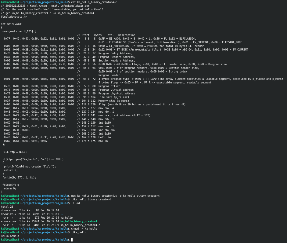 Kemal_Akcam's tweet photo. 144 bytes 'Hello World!' (Kemal) hand written x86_64 Linux executable file creation with explanation. Also 157, 167, 175 bytes examples where 175 bytes has the correct ELF64 header.
#helloworld #asm #c #linux #x86_64 #machinecode #hellokemal https://t.co/X5DuLIWiWo