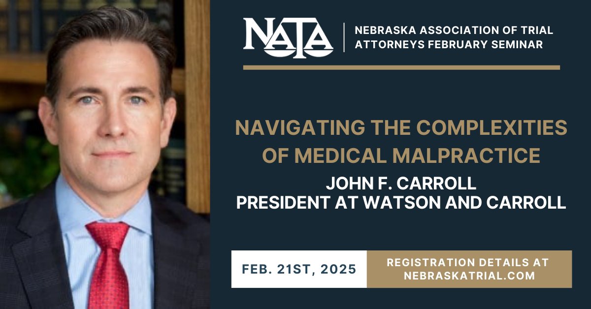 NETrialAttys's tweet image. John F. Carroll is the President of @medmallawfirm and will present at our CLE Seminar on Friday! For more information visit: NebraskaTrial.com
