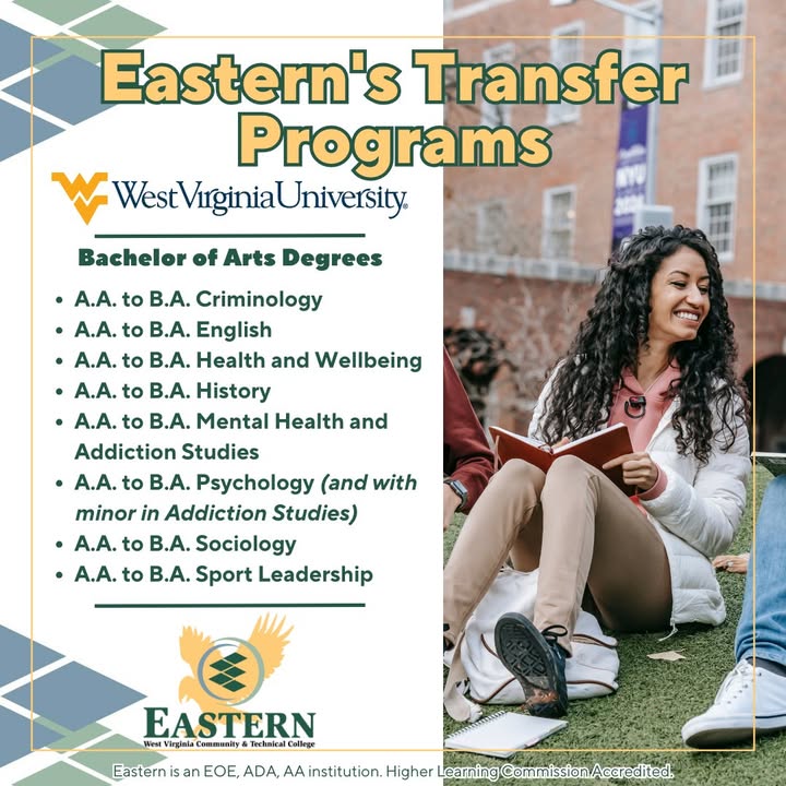ewvctc's tweet image. Transfer your academic journey from #EasternWV to WVU. Explore bachelor of arts programs including Criminology, English, History, Psychology, and more! Discover more transfer opportunities: easternwv.edu/academics/tran…
#DiscoverEWV #TransferPrograms #HigherEducation