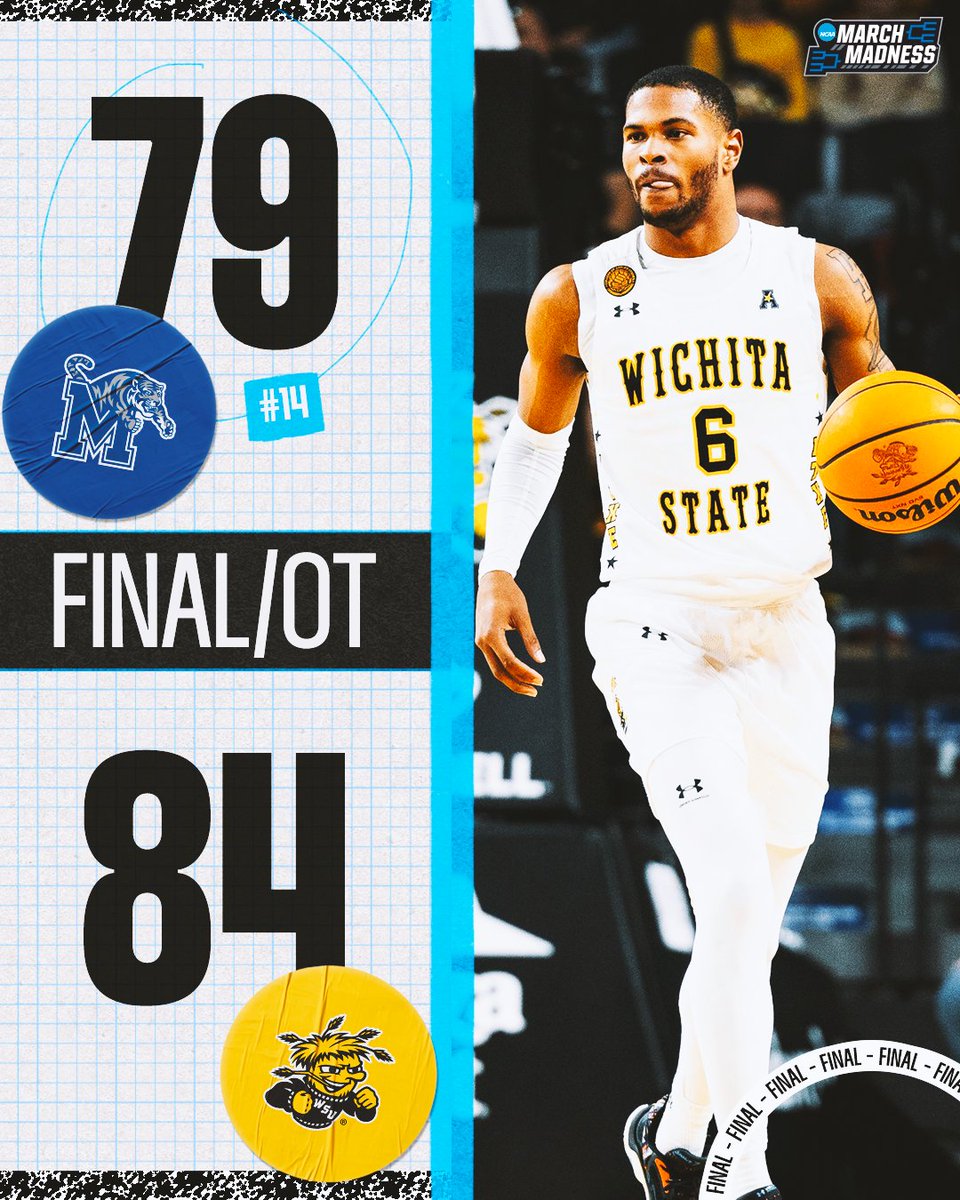 MarchMadnessMBB's tweet photo. WICHITA STATE SHOCKS NO. 14 MEMPHIS IN OT ⚡️

The Shockers win a BATTLE at home over the Tigers 🌾 https://t.co/zVA4k4x0Kl