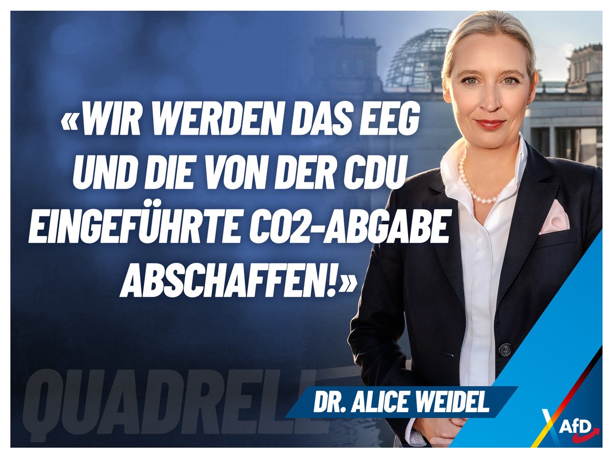 Schluss mit der Verbotspolitik: Jeder Verbraucher soll selbst entscheiden, welches Auto er fahren oder welche Heizung er einbauen möchte. Wir schaffen EEG und die von der CDU eingeführte CO2-Abgabe sofort ab. #Quadrell