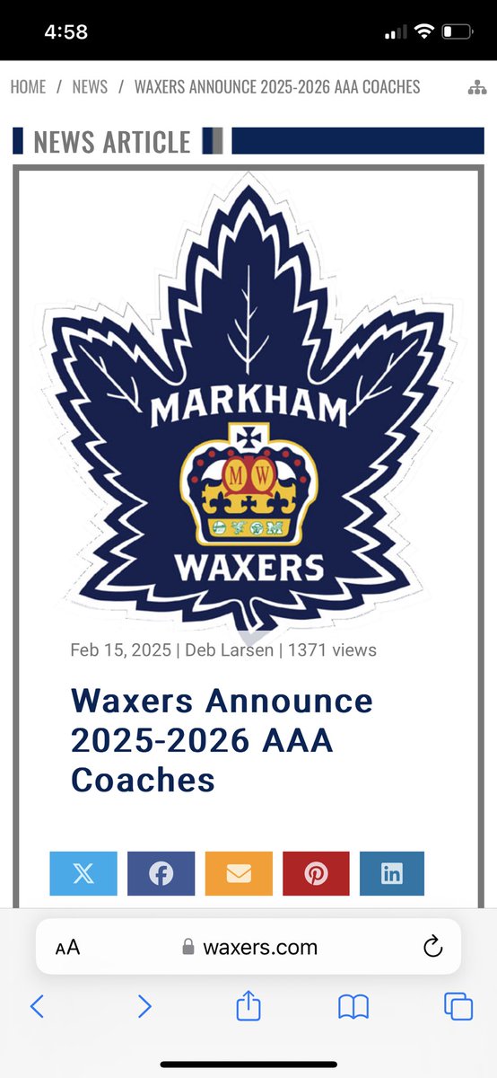 Excited to announce that I have accepted the position of Head Coach of the Markham Waxers U12 AAA team for the 25/26 season. Can’t wait to get started! #letsgowaxers