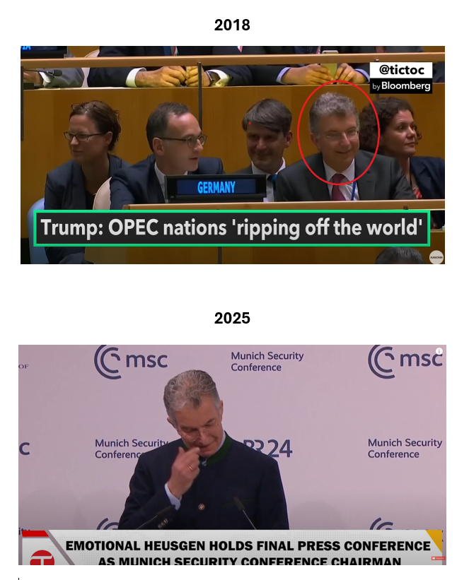 Christoph Heusgen se roku 2018 vysmíval Donaldu Trumpovi, když na půdě OSN Německo vyzval k odstřižení od ruských energií. 
Když dnes ten samý Heusgen uzavíral mnichovskou konferenci, na níž Trumpův viceprezident signalizoval odstřižení USA od EU, rozplakal se.
Kruh se uzavřel.