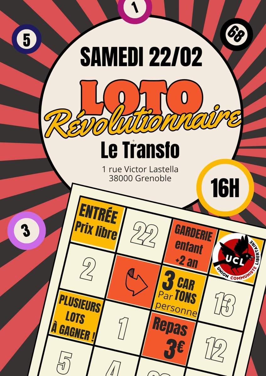 🔥 LOTO REVOLUTIONNAIRE 🔥

On vous invite à un temps festif et convivial le 22 février au Transfo à 16h !!

Des lots à gagner et un repas à partager, que demander de mieux ? 

Venez nous rencontrer lors de ce moment agréable, discuter politique et vous amuser !