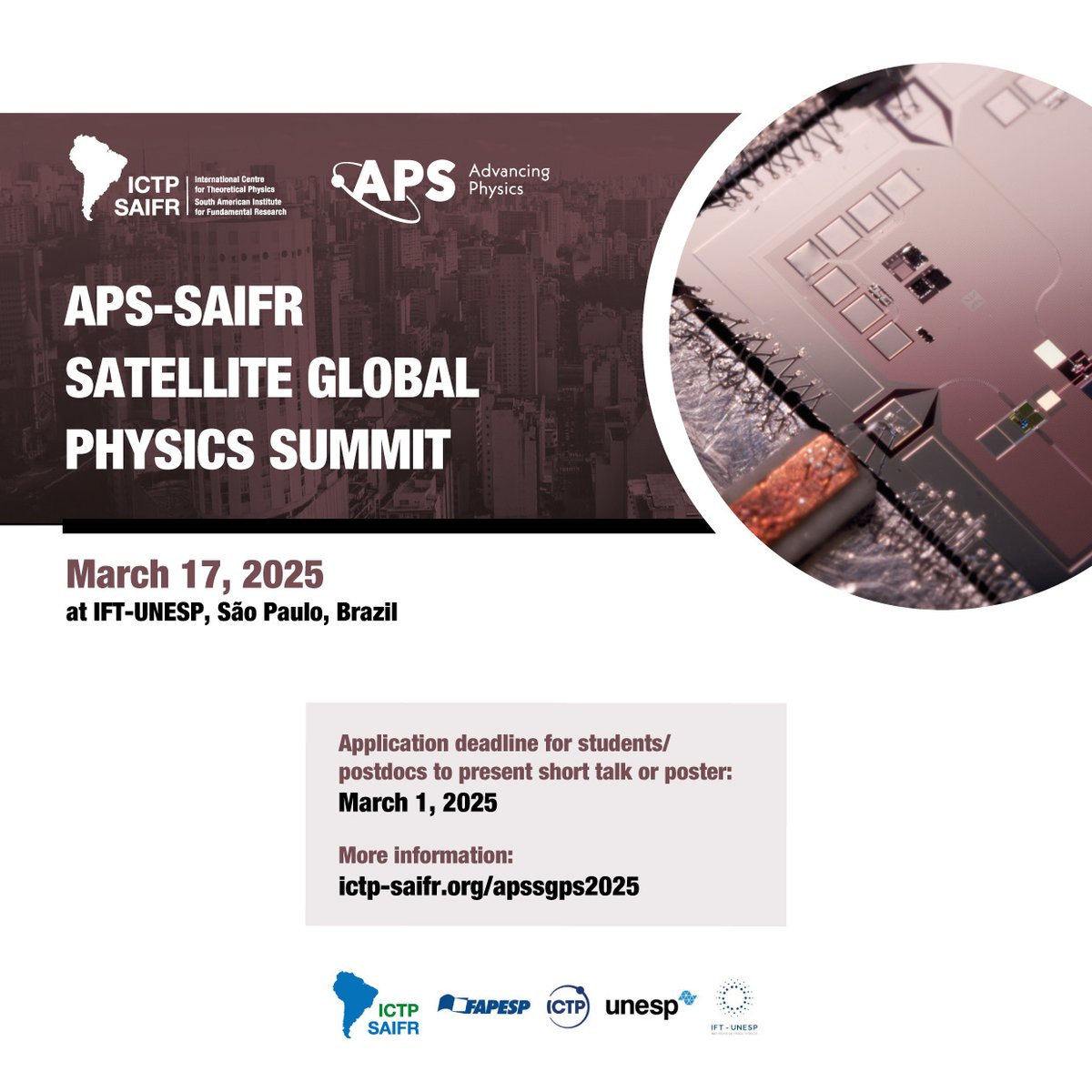 ICTP-SAIFR (@ictpsaifr) on Twitter photo As part of the <a href="/APSphysics/">American Physical Society</a> Global Physics Summit, ICTP-SAIFR is organizing a satellite session that will be broadcast live to all participants of the APS Meeting, as well as a session for student/postdoc presentations to a local audience. Apply by Mar 1: ictp-saifr.org/apssgps2025/ As part of the <a href="/APSphysics/">American Physical Society</a> Global Physics Summit, ICTP-SAIFR is organizing a satellite session that will be broadcast live to all participants of the APS Meeting, as well as a session for student/postdoc presentations to a local audience. Apply by Mar 1: ictp-saifr.org/apssgps2025/