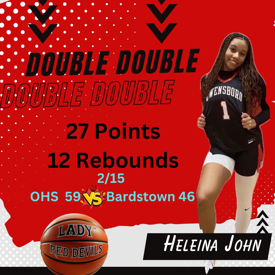 Owensboro Lady Devils Basketball (@ladydevils_ohs) on Twitter photo Congrats <a href="/HeleinaJohn/">Heleina John</a> on another Double-Double game yesterday!
OHS 59 - Bardstown 46
<a href="/alyxwhite_/">Alyx White</a>
<a href="/1027TheGame/">102.7 The Game ESPN Owensboro</a>
<a href="/OHSsports/">OHS Sports</a> Congrats <a href="/HeleinaJohn/">Heleina John</a> on another Double-Double game yesterday!
OHS 59 - Bardstown 46
<a href="/alyxwhite_/">Alyx White</a>
<a href="/1027TheGame/">102.7 The Game ESPN Owensboro</a>
<a href="/OHSsports/">OHS Sports</a>