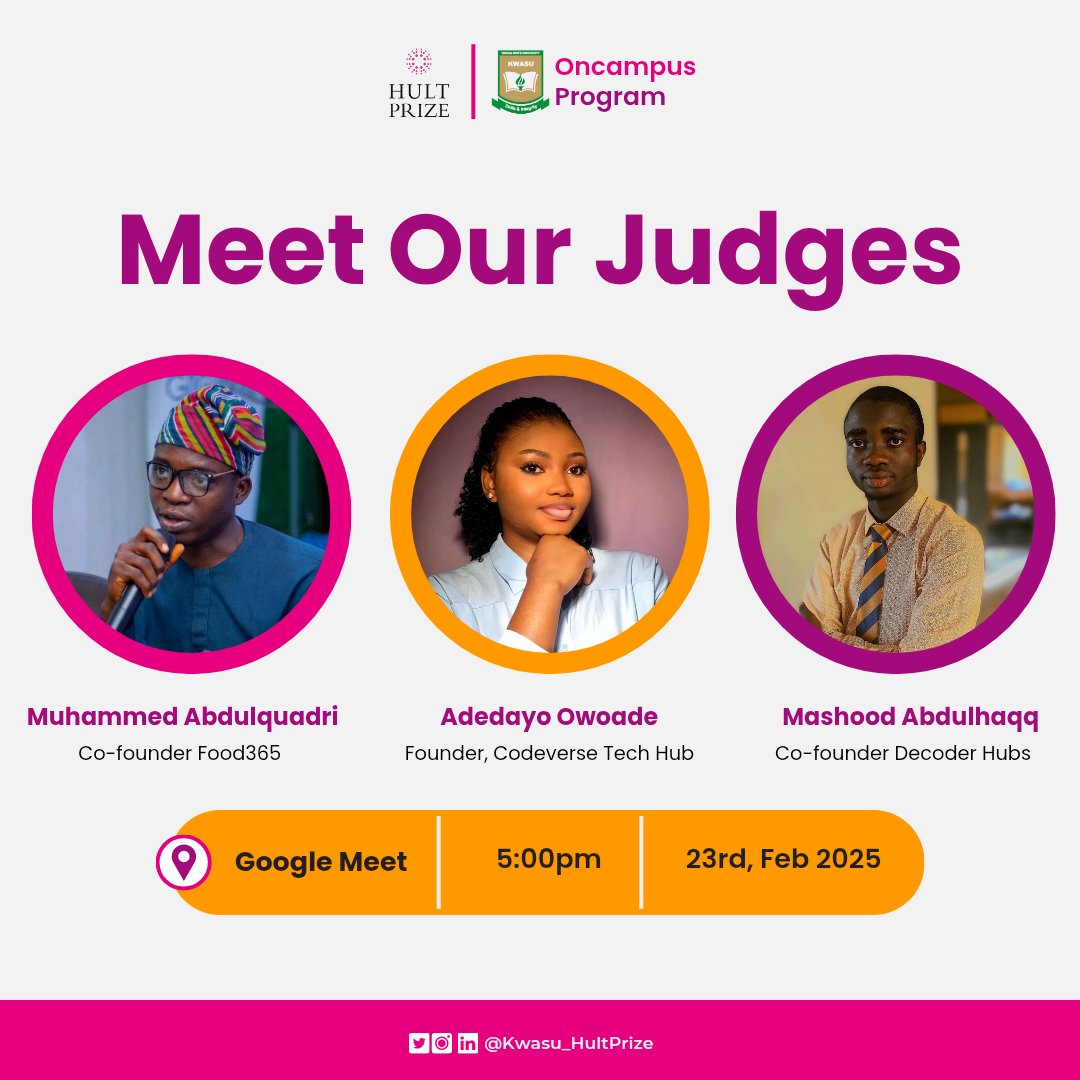 Kwasu_HultPrize's tweet image. EXCITING NEWS!

Meet Our Judges for Hult Prize OnCampus Program at KWASU!

We&apos;re thrilled to introduce our esteemed judges who will evaluate and guide our student teams as they tackle the Hult Prize challenge.

#HultPrize #OnCampusProgram #KWASU #Innovation #Entrepreneurship