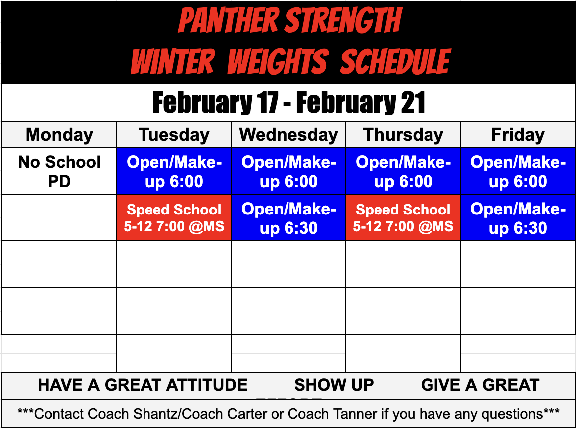 Weight Sched for the week. If you missed an AE day you can make up on an off day or go to Speed School. Be aware of changes for weather delays.