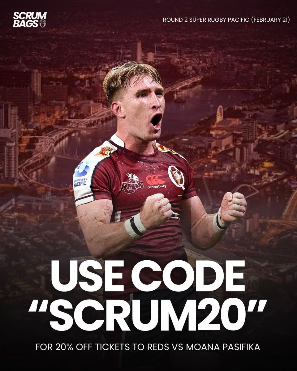 Scrumbags Rugby Pod (@scrumbagsrugby) on Twitter photo **Ticket Discount Offer**
<a href="/Reds_Rugby/">Queensland Reds</a> coming in clutch with the ticket deal 🎫
If you’re based in BrisVegas, head to our bio link and get 20% off Reds v <a href="/MoanaPasifika_/">Moana Pasifika Rugby</a> tickets using the code SCRUM20 🏉
#REDvMOA #SuperRugbyPacific **Ticket Discount Offer**
<a href="/Reds_Rugby/">Queensland Reds</a> coming in clutch with the ticket deal 🎫
If you’re based in BrisVegas, head to our bio link and get 20% off Reds v <a href="/MoanaPasifika_/">Moana Pasifika Rugby</a> tickets using the code SCRUM20 🏉
#REDvMOA #SuperRugbyPacific