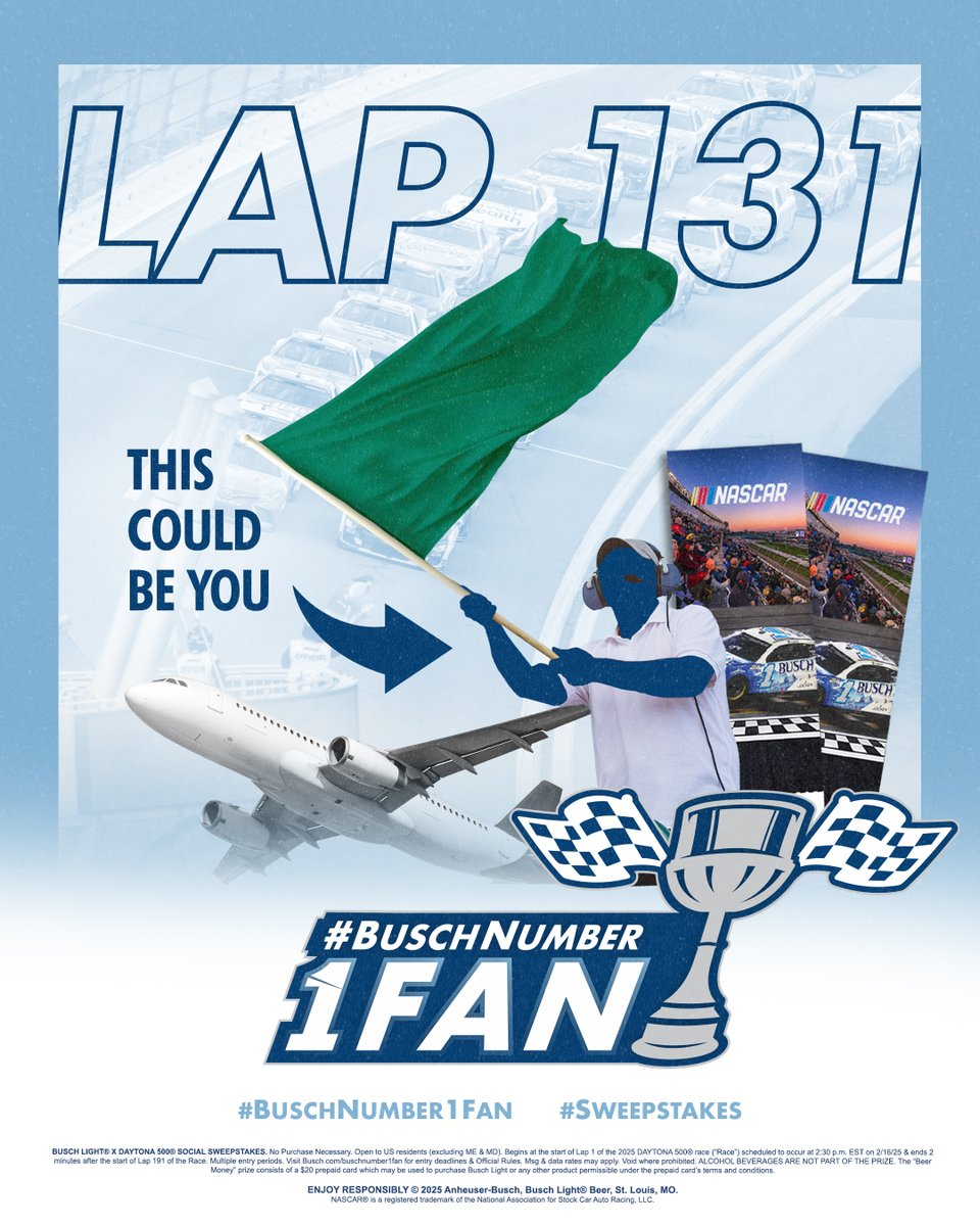 BuschBeer's tweet image. 📣IT’S STAGE 3 AND WE HAVE A 1️⃣ OF KIND EXPERIENCE FOR YA 📣

Reply NOW using #BuschNumber1Fan #Sweepstakes for a chance to win an epic NASCAR EXPERIENCE and the chance wave the green flag during qualifying at a future race!

Tune in to the #DAYTONA500 on @NASCARONFOX