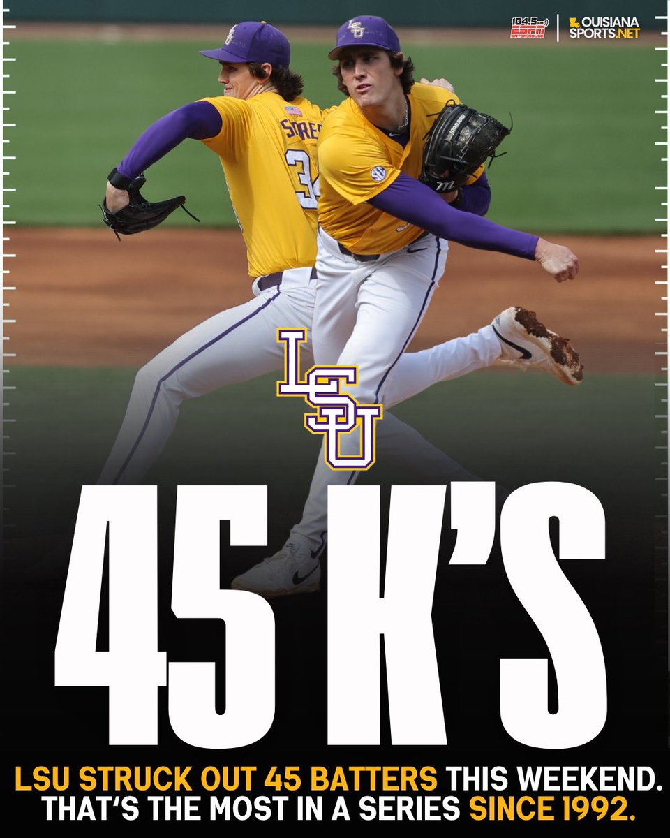 1045espn's tweet photo. LSU Pitchers struck out 45 (!) batters this weekend against Purdue Fort-Wayne. That’s the most in a series since 1992! 🤯🤯🤯 https://t.co/4n3N3fUD5B