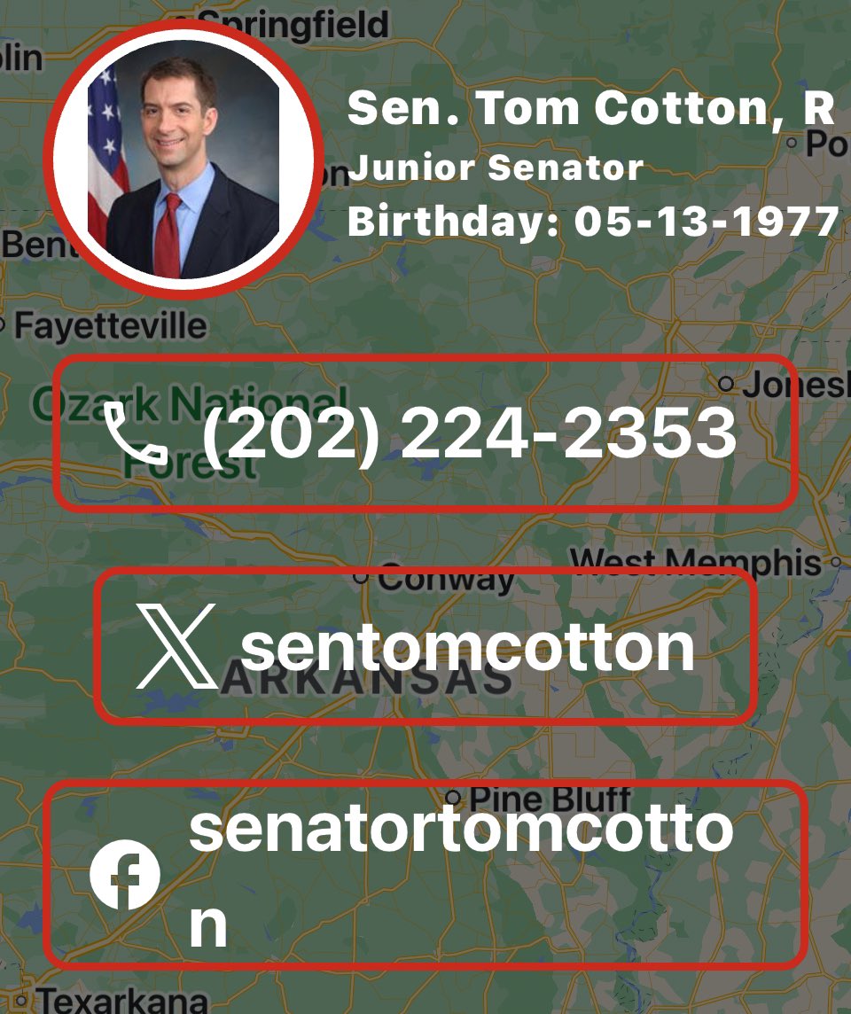 Kendra (@bbomber1) on Twitter photo <a href="/elonmusk/">Elon Musk</a> <a href="/charliekirk11/">Charlie Kirk</a> <a href="/SenTomCotton/">Tom Cotton</a> Tom Cotton, YOU have been selected to be primaried! Here is Tom‘s contact information in DC. Feel free to blow up his phone and let him know what you think about his opposition to Trump‘s cabinet pick. <a href="/elonmusk/">Elon Musk</a> <a href="/charliekirk11/">Charlie Kirk</a> <a href="/SenTomCotton/">Tom Cotton</a> Tom Cotton, YOU have been selected to be primaried! Here is Tom‘s contact information in DC. Feel free to blow up his phone and let him know what you think about his opposition to Trump‘s cabinet pick.