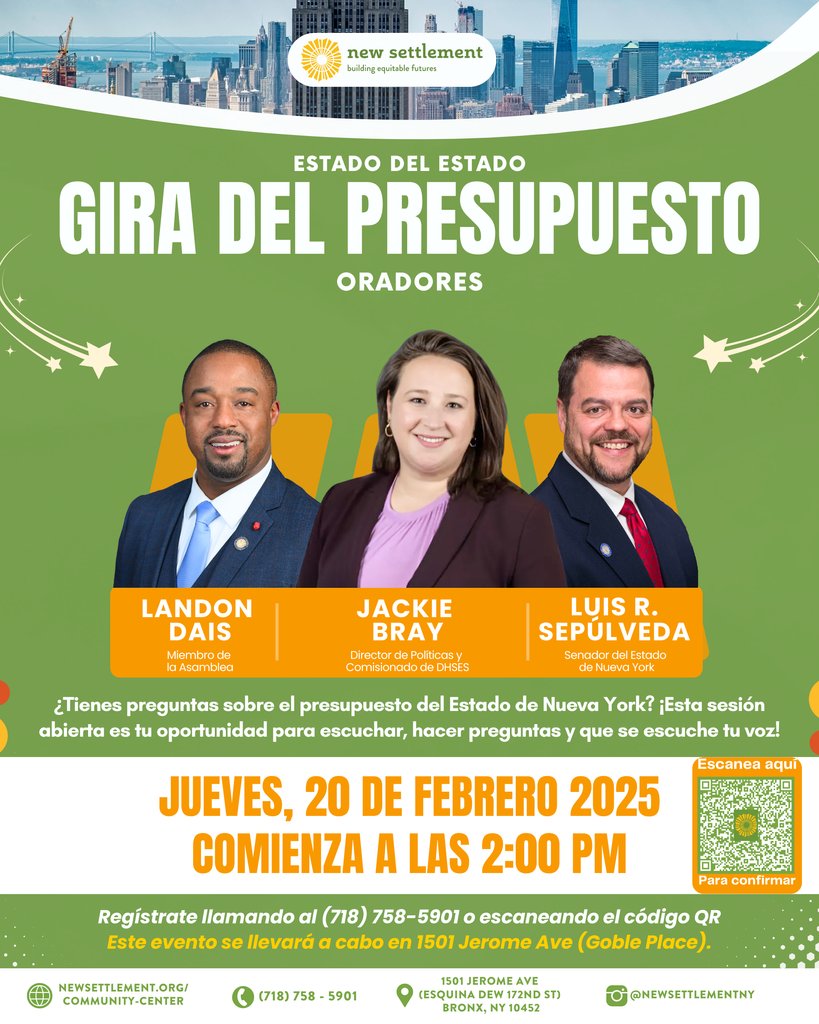 Have questions about New York State’s budget? 

Join us on Thursday, February 20, 2025, at 2:00 PM at 1501 Jerome Ave (Goble Place), where you’ll have the chance to engage with local leaders and learn more. 

To register, call (718) 758-5901 or scan the QR code.