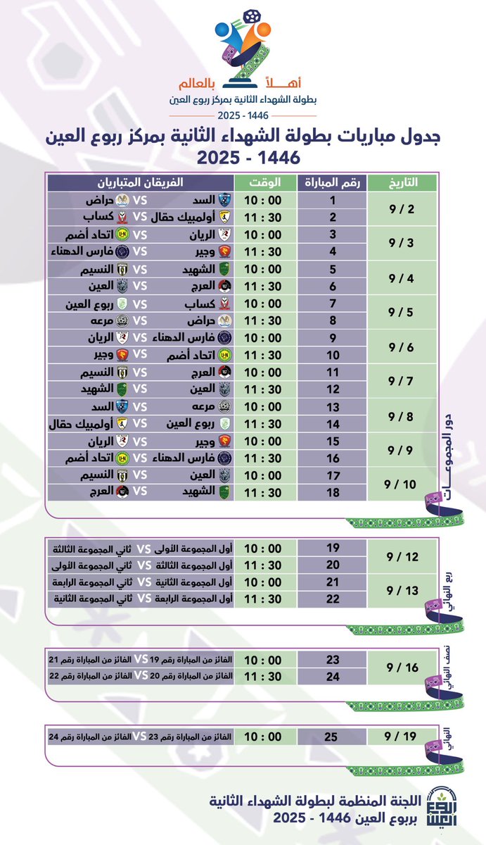 ROBUA_ALAIN's tweet photo. جدول بطولة الشهداء الرمضانية الثانية https://t.co/JmQqQB0oRJ