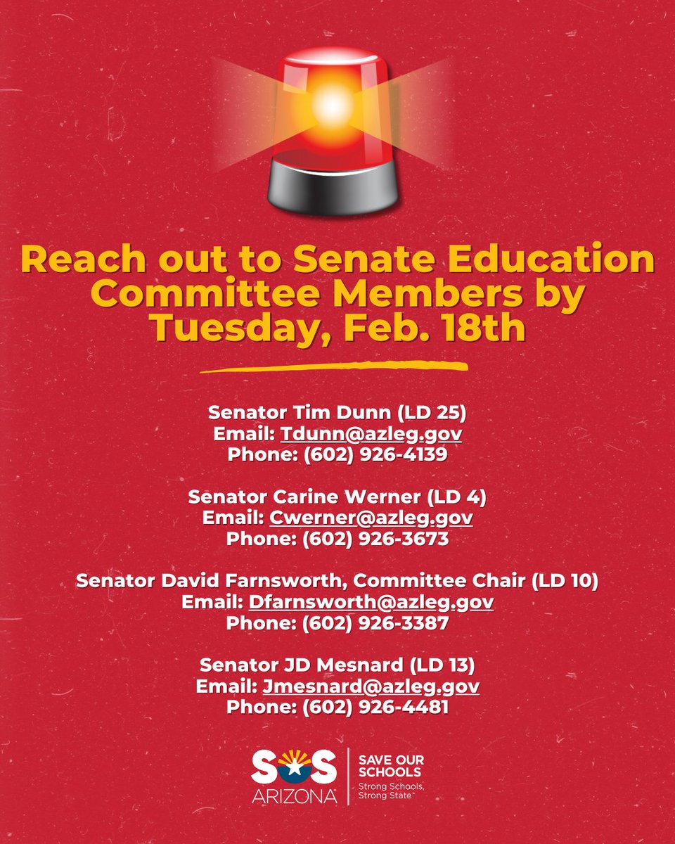 arizona_sos's tweet photo. Don’t forget to call and email the Senate Ed. Committee to vote NO on #SCR1028 — an all out attack on school funding that cannot be vetoed 😡 https://t.co/i3yh2kF19B