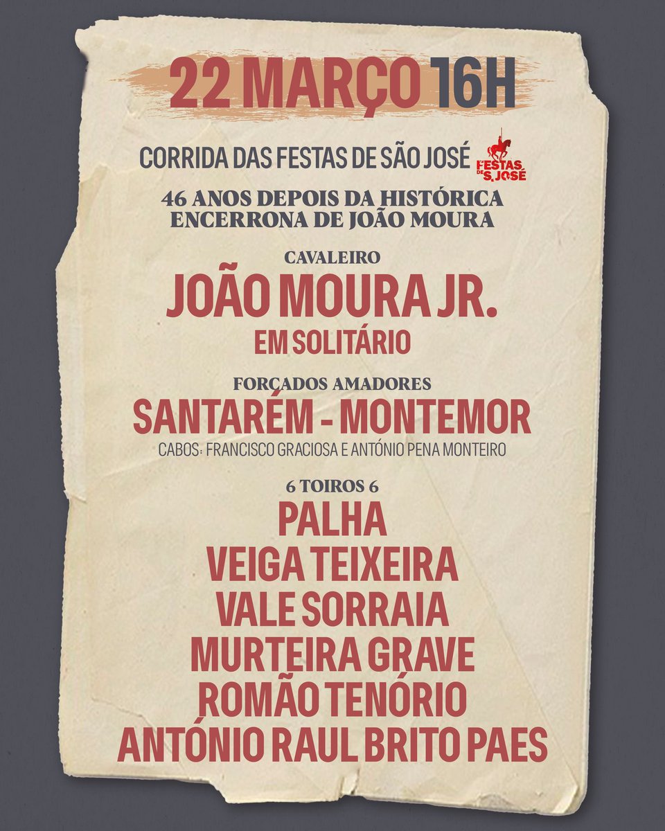 Cartaz oficial da Encerrona em Santarém dia 22 de Março, onde João Moura Jr. irá #reescreverahistória ✨

🎟️ shorturl.at/E0liI 🎟️
📲+ Info em: 914094038