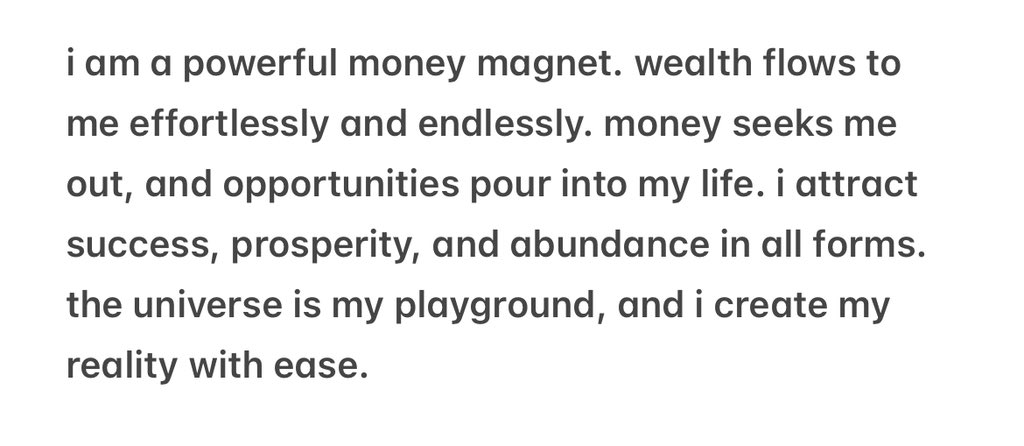 affirmation for 2.17.2025

this day radiates money, power, karma, &amp; success.

use this day to make good financial decisions that will lead to success. karma will come fast due to the day energy. any good u plant today, will be back better.

manifest with me: