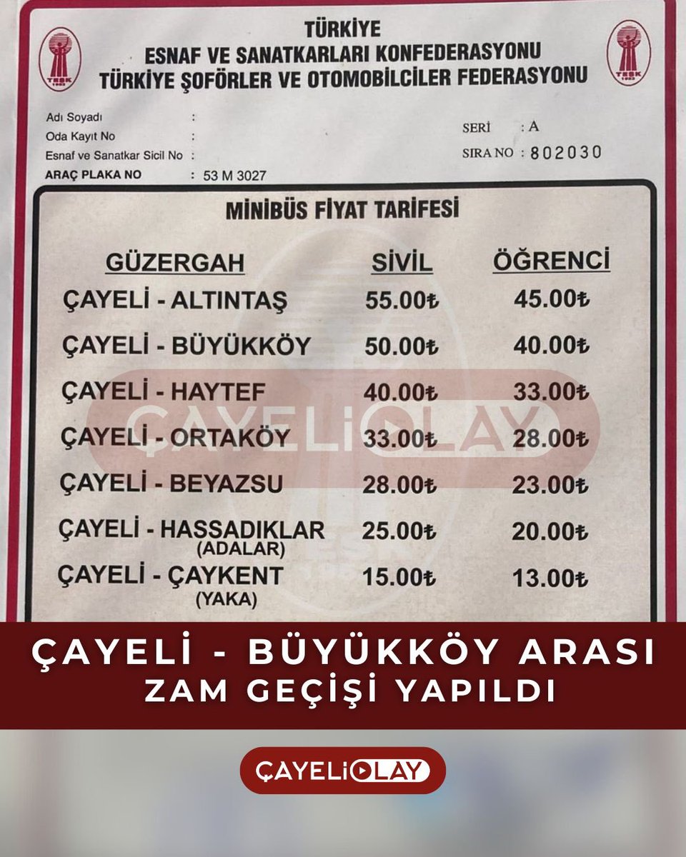 ÇAYELİ - BÜYÜKKÖY ARASI ZAM GEÇİŞİ YAPILDI

Minibüs ücretlerine yapılan son zamlarla birlikte yeni fiyat tarifesi açıklandı. Çayeli - Büyükköy arası yolculuk ücreti sivil 50 TL, öğrenci 40 TL olarak güncellendi.

Diğer güzergâhlarda da yeni fiyatlar geçerli. Güncellenen tarifeye