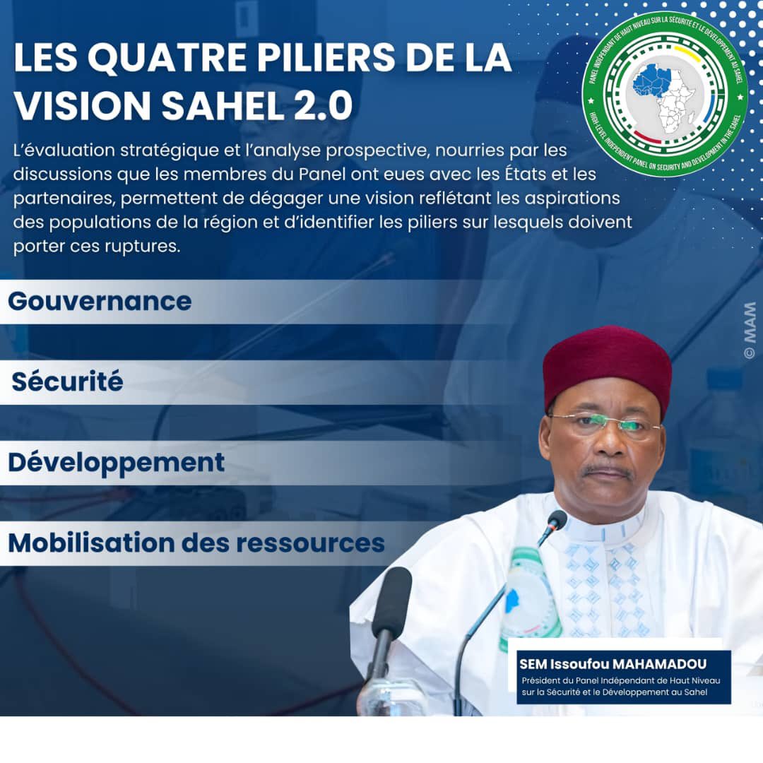 🟨 LES QUATRE PILIERS DE LA VISION SAHEL 2.0

L'évaluation stratégique menée sous la présidence de Issoufou Mahamadou, à la tête du Panel Indépendant de Haut niveau sur la Sécurité et le Développement au Sahel, a permis de définir une vision reflétant les aspirations des