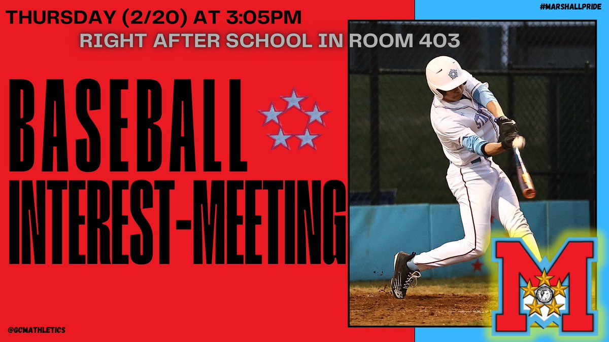 Marshall HS Athletics (@gcmsports1) on Twitter photo Marshall Baseball program will host Tryout Information meeting this Thursday 2/20 right after school in Room 403. Don’t miss it‼️
⚾️⚾️⚾️
<a href="/MStatesmenBsbl/">Marshall HS Statesmen Baseball</a>
#marshallpride Marshall Baseball program will host Tryout Information meeting this Thursday 2/20 right after school in Room 403. Don’t miss it‼️
⚾️⚾️⚾️
<a href="/MStatesmenBsbl/">Marshall HS Statesmen Baseball</a>
#marshallpride