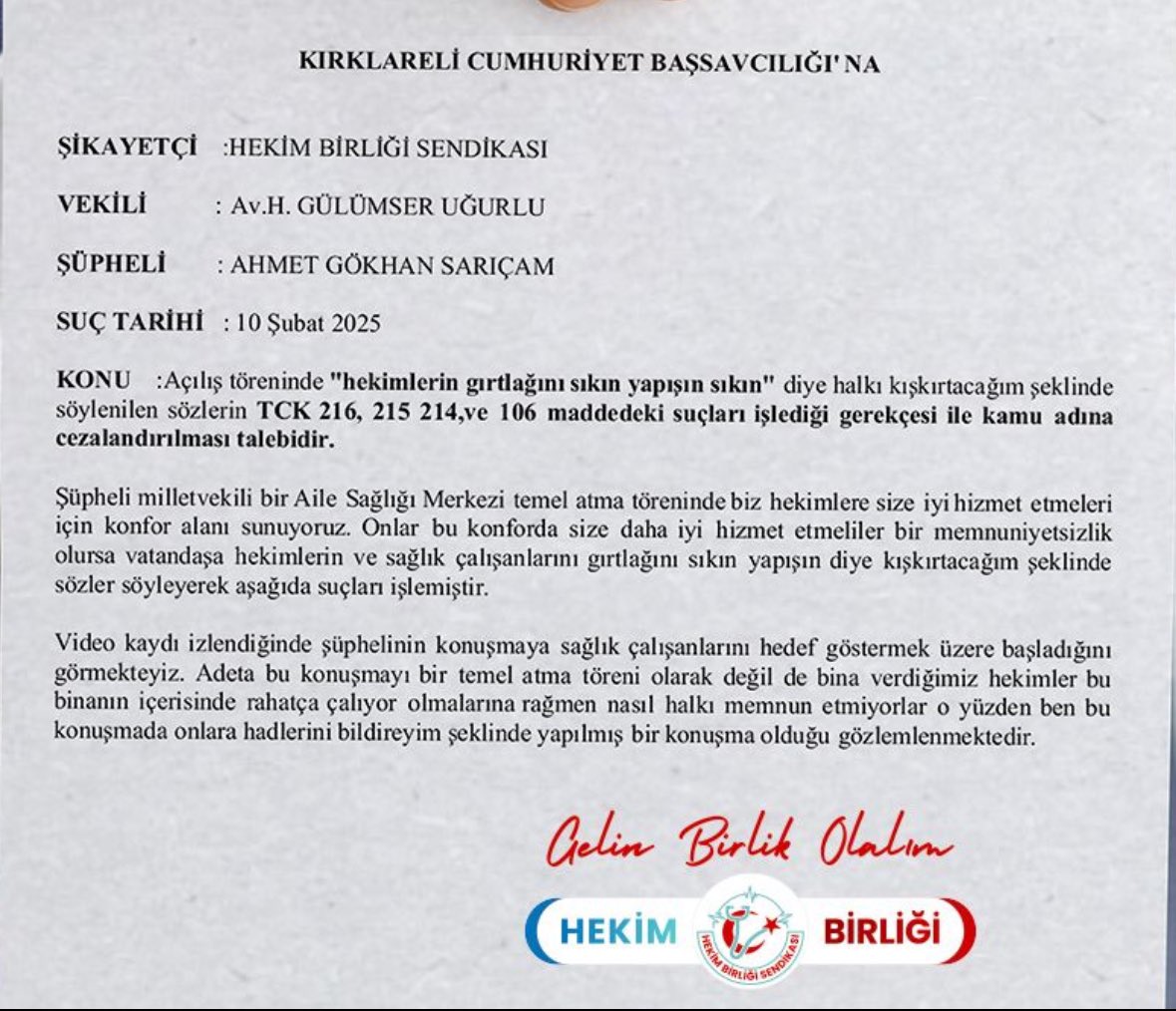 Suç duyurusunda bulunduk!
<a href="/hekim_birligi/">Hekim Birliği</a>