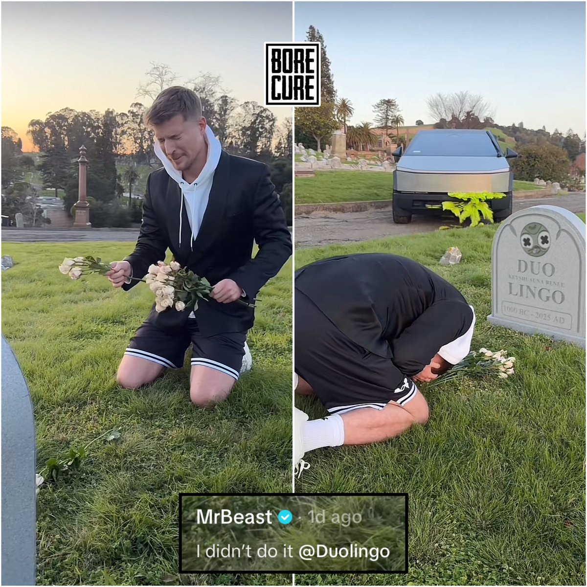 MrBeast breaks down in tears at Duo’s grave, insisting he didn’t do it. Duo claims he was killed by an unidentified Cybertruck driver.