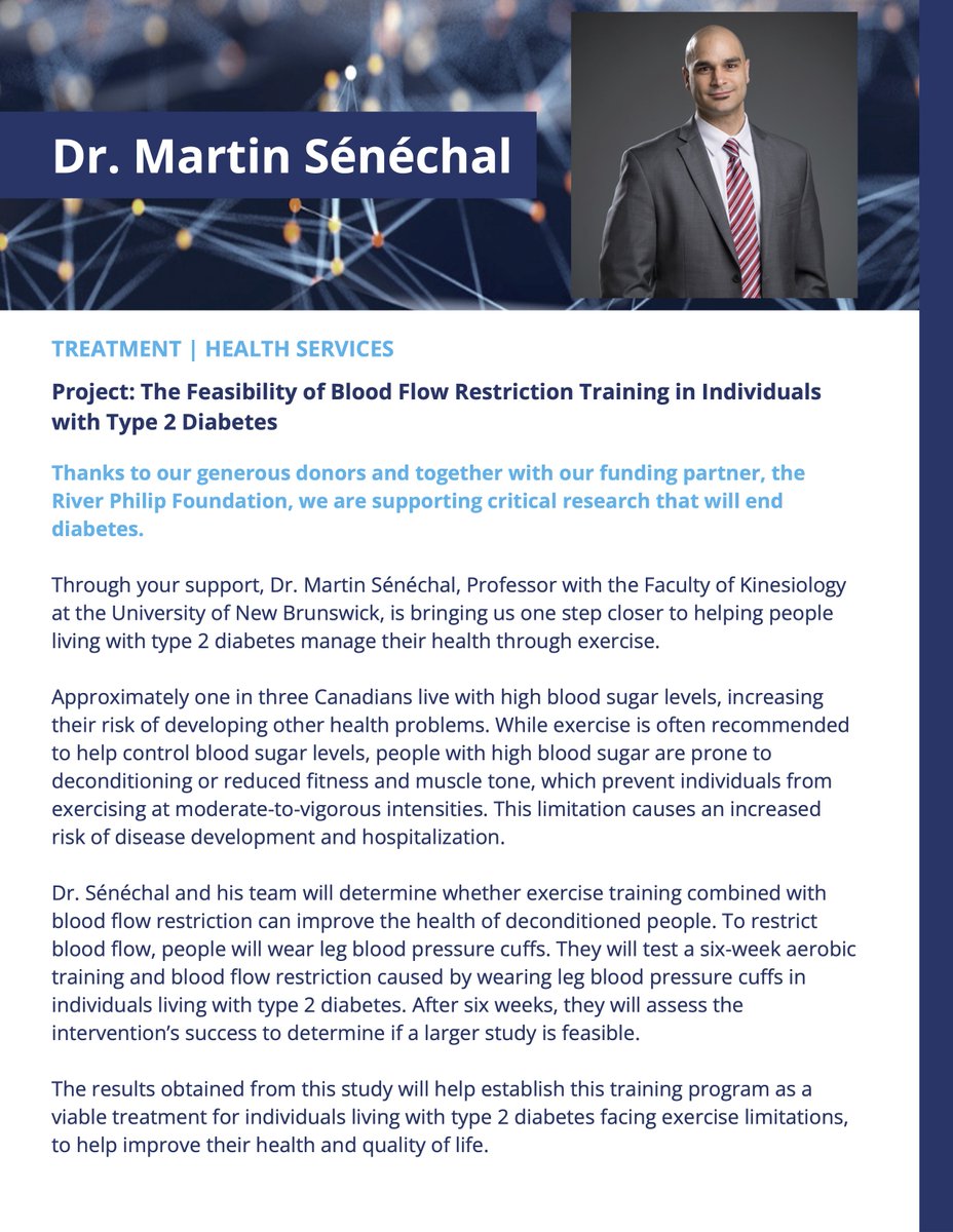 CELLAB (@unb_cellab) on Twitter photo We are thrilled to announce that <a href="/DrMSenechal/">Martin Sénéchal, PhD</a> has received a <a href="/DiabetesCanada/">Diabetes Canada</a> 𝙀𝙣𝙙 𝘿𝙞𝙖𝙗𝙚𝙩𝙚𝙨 𝘼𝙬𝙖𝙧𝙙!
Dr. Sénéchal and our team will be investigating the feasibility of #bloodflowrestriction training to make #exercise more manageable for individuals with #T2DM 🔬🔵 We are thrilled to announce that <a href="/DrMSenechal/">Martin Sénéchal, PhD</a> has received a <a href="/DiabetesCanada/">Diabetes Canada</a> 𝙀𝙣𝙙 𝘿𝙞𝙖𝙗𝙚𝙩𝙚𝙨 𝘼𝙬𝙖𝙧𝙙!
Dr. Sénéchal and our team will be investigating the feasibility of #bloodflowrestriction training to make #exercise more manageable for individuals with #T2DM 🔬🔵