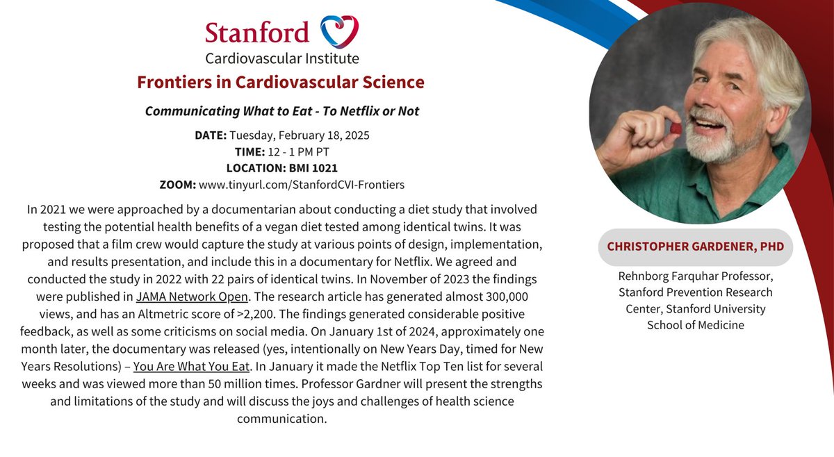 Joseph C Wu, MD, PhD (@joseph_c_wu) on Twitter photo Please join <a href="/StanfordCVI/">Stanford CVI</a> seminar Tue 2/18 at 12pm PST by Dr. Chris Gardner from <a href="/StanfordDeptMed/">Stanford Department of Medicine</a> speak on #nutrition #VeganDiet #NetFlix.
stanford.zoom.us/webinar/registā¦
<a href="/Stanford_ChEMH/">Sarafan ChEM-H</a> <a href="/SeanM_Wu/">Sean M Wu, MD PhD</a> <a href="/StanfordEpiNews/">Stanford Epidemiology & Population Health</a>
<a href="/BCVSearlyCareer/">Basic Cardiovascular Sciences (BCVS) Early Career</a> <a href="/ATVBEarlyCareer/">ATVB Early Career Committee</a> <a href="/StanCVFellows/">StanfordCVFellowship</a>
<a href="/AHAScience/">AHA Science</a>
Image Please join <a href="/StanfordCVI/">Stanford CVI</a> seminar Tue 2/18 at 12pm PST by Dr. Chris Gardner from <a href="/StanfordDeptMed/">Stanford Department of Medicine</a> speak on #nutrition #VeganDiet #NetFlix.
stanford.zoom.us/webinar/registā¦
<a href="/Stanford_ChEMH/">Sarafan ChEM-H</a> <a href="/SeanM_Wu/">Sean M Wu, MD PhD</a> <a href="/StanfordEpiNews/">Stanford Epidemiology & Population Health</a>
<a href="/BCVSearlyCareer/">Basic Cardiovascular Sciences (BCVS) Early Career</a> <a href="/ATVBEarlyCareer/">ATVB Early Career Committee</a> <a href="/StanCVFellows/">StanfordCVFellowship</a>
<a href="/AHAScience/">AHA Science</a>
Image